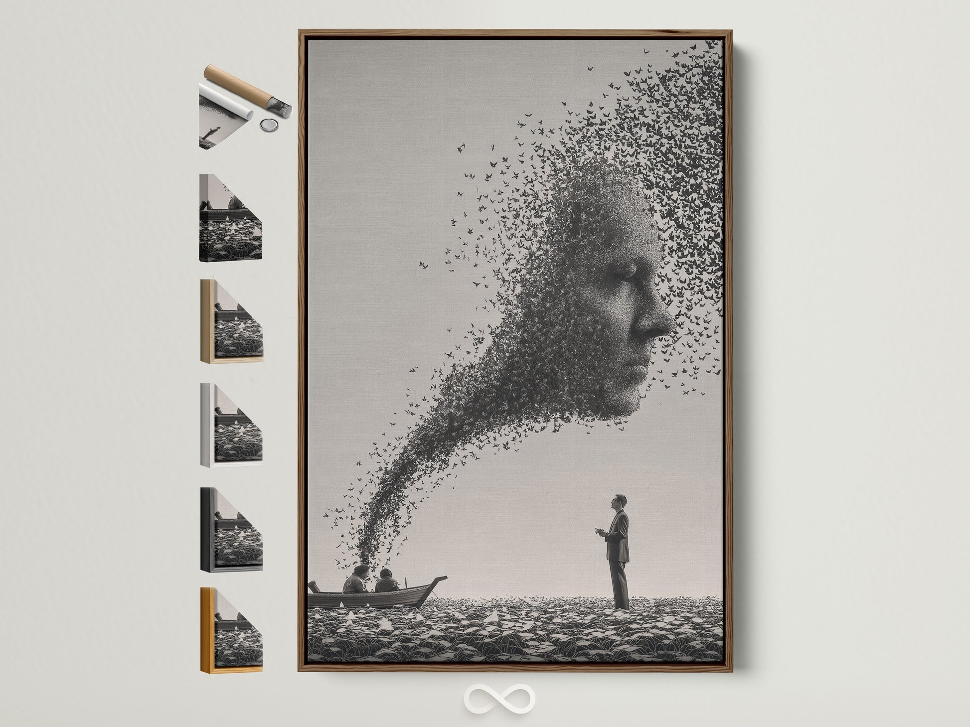 Artwork in a brown frame hangs on a white wall. The art depicts a surreal scene. It features a man on a beach and a face made of birds. This framed artwork adds a touch of sophistication to any room. Explore our framed art options today. All frame options are displayed on the side.