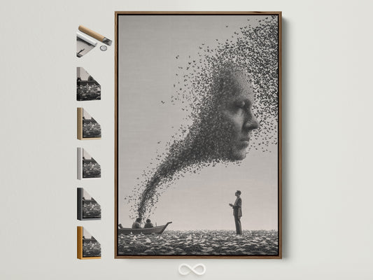 Artwork in a brown frame hangs on a white wall. The art depicts a surreal scene. It features a man on a beach and a face made of birds. This framed artwork adds a touch of sophistication to any room. Explore our framed art options today. All frame options are displayed on the side.