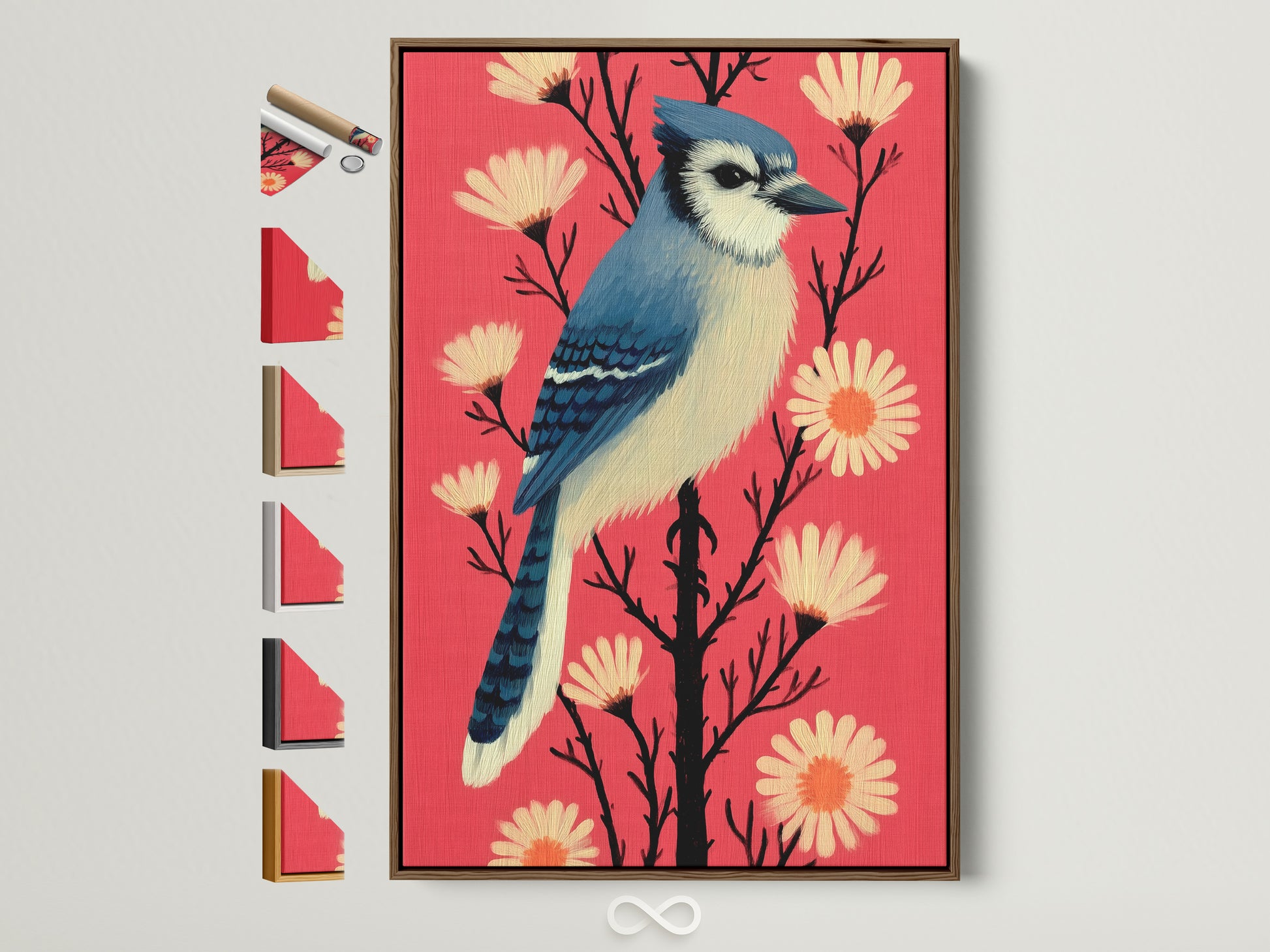 Framed blue jay art print. This wall art features a vibrant blue jay perched among coral pink flowers. The artwork is displayed in a brown frame. See all our frame options to customize your bird canvas print today. Perfect for modern home decor.