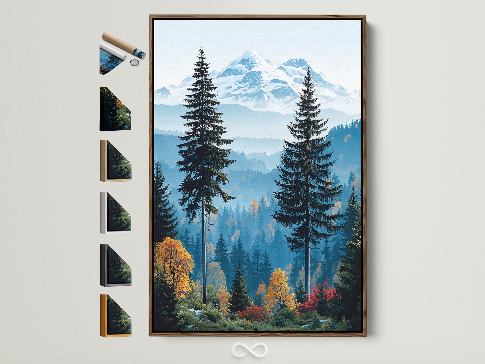 Mountain Forest artwork in a brown frame. The artwork showcases a snowy peak. Nature photography brings the outdoors inside. See all frame options for rustic mountain art. Find the perfect frame for your bedroom art.
