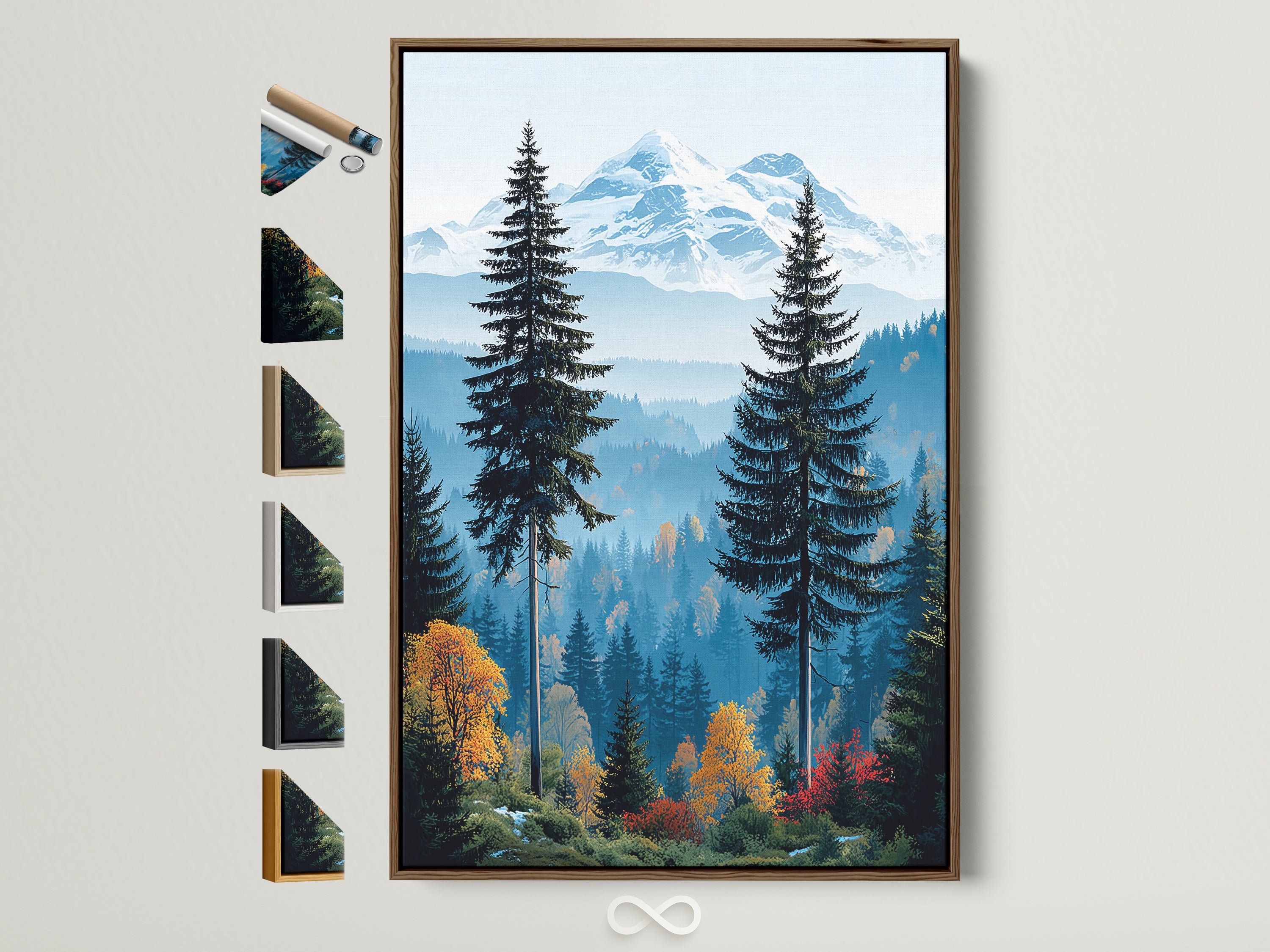 Mountain Forest artwork in a brown frame. The artwork showcases a snowy peak. Nature photography brings the outdoors inside. See all frame options for rustic mountain art. Find the perfect frame for your bedroom art.
