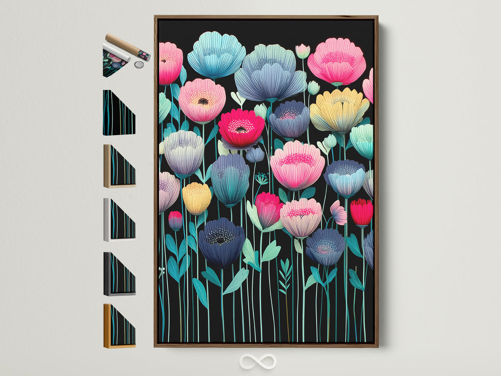 A vibrant floral art print with a black background is showcased in a light brown frame. Explore frame options for this colorful flower wall art. This botanical artwork adds a modern touch to any bedroom or living space. Discover teal pink and yellow hues in this striking piece. It is perfect for adding vibrant art to your home decor.