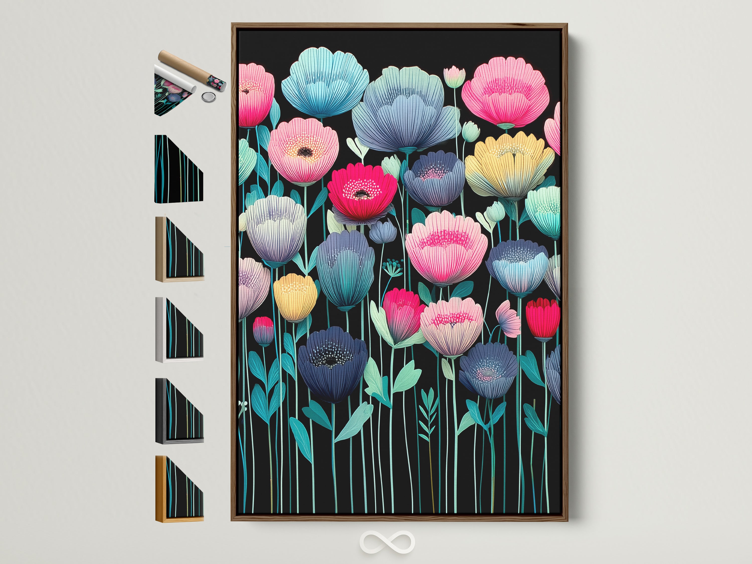 A vibrant floral art print with a black background is showcased in a light brown frame. Explore frame options for this colorful flower wall art. This botanical artwork adds a modern touch to any bedroom or living space. Discover teal pink and yellow hues in this striking piece. It is perfect for adding vibrant art to your home decor.
