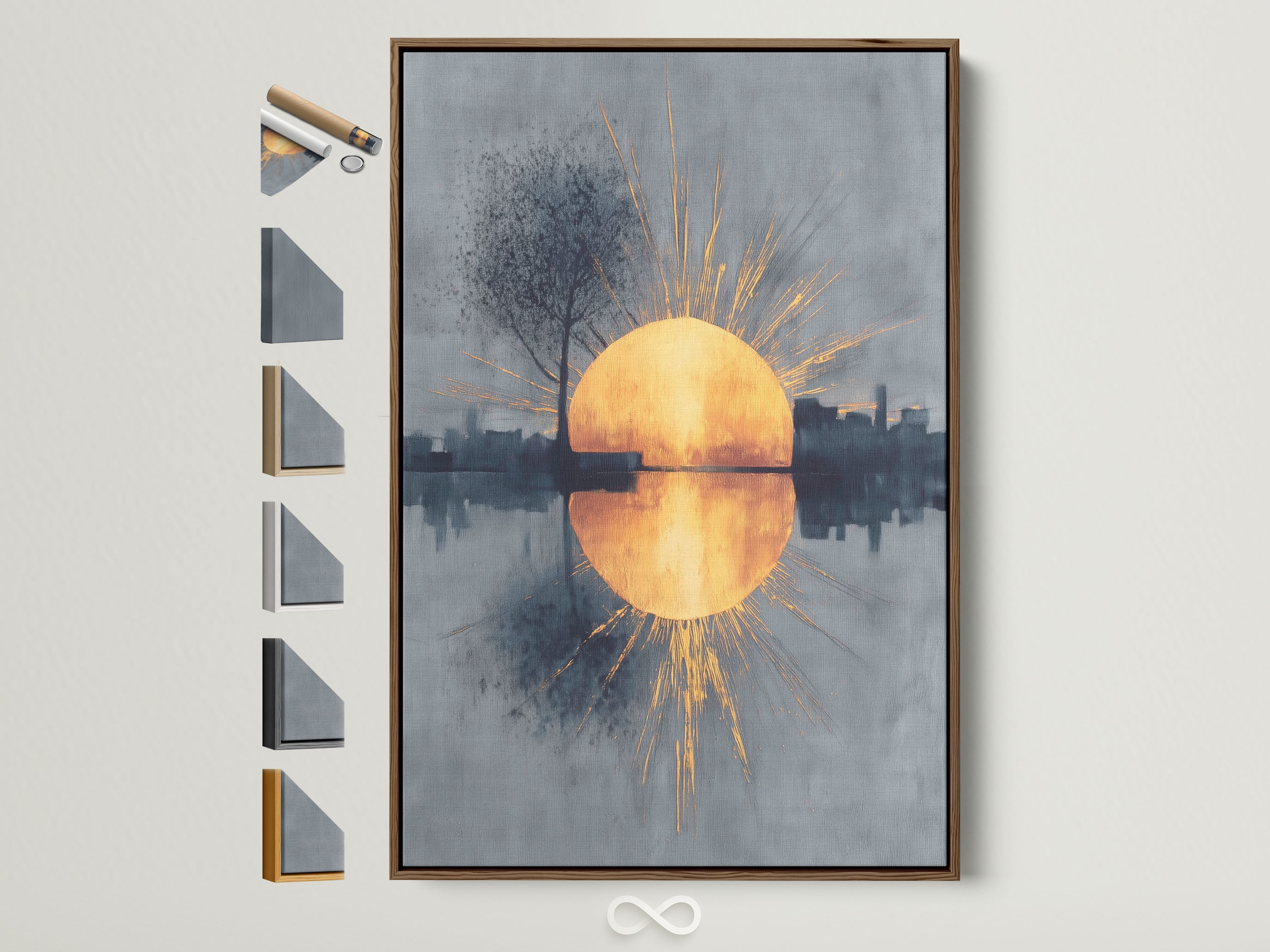 A captivating sunrise reflection artwork is framed in a warm brown. The artwork presents a golden sun rising over a cityscape. The reflection shimmers on the water below. Frame options are displayed beside it showing available choices.