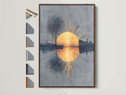 A captivating sunrise reflection artwork is framed in a warm brown. The artwork presents a golden sun rising over a cityscape. The reflection shimmers on the water below. Frame options are displayed beside it showing available choices.