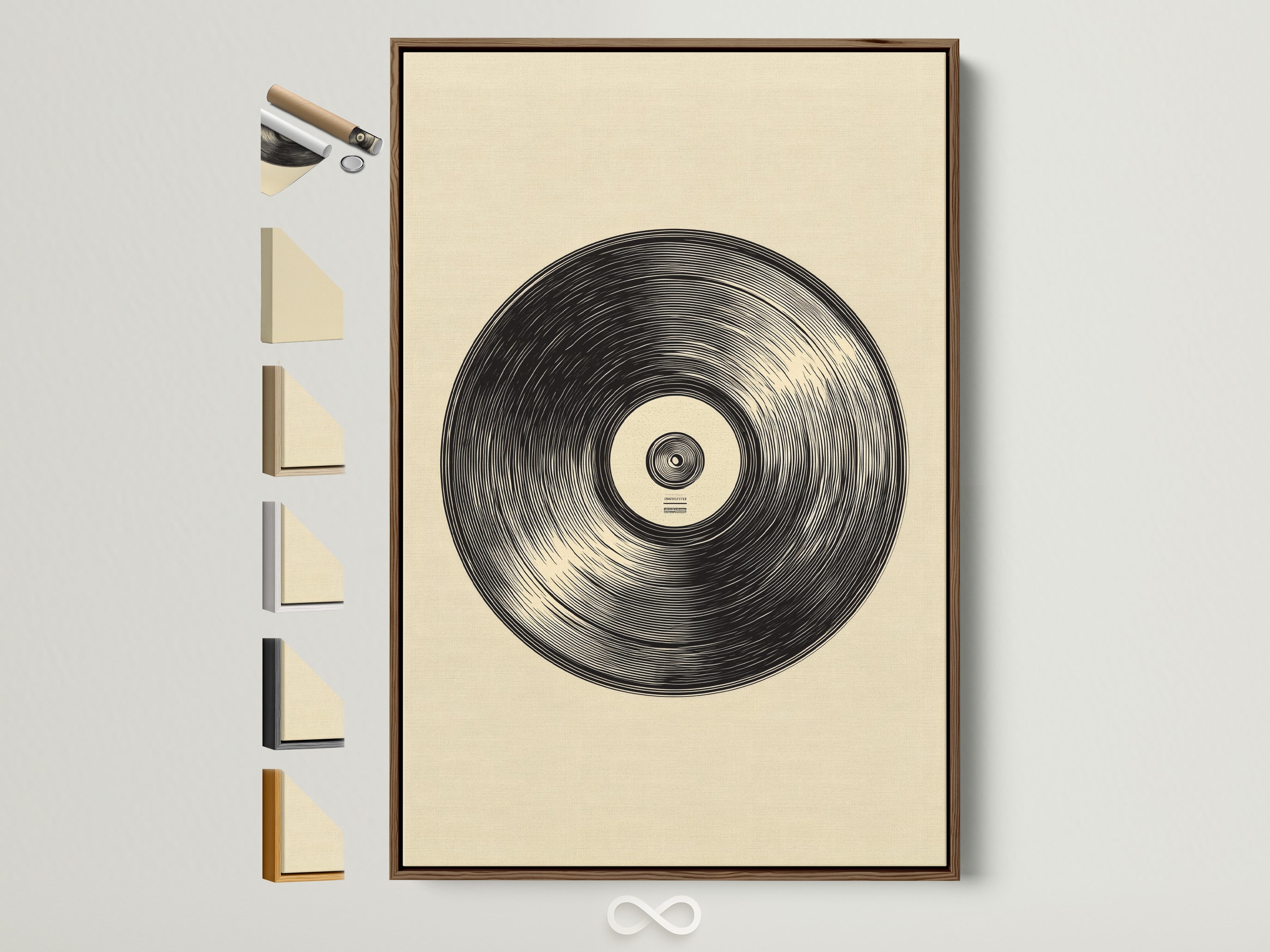Artwork featuring a vinyl record is displayed in a brown frame. Explore framing options to enhance your art. Several frame styles are available. Choose the perfect frame for your artwork today.