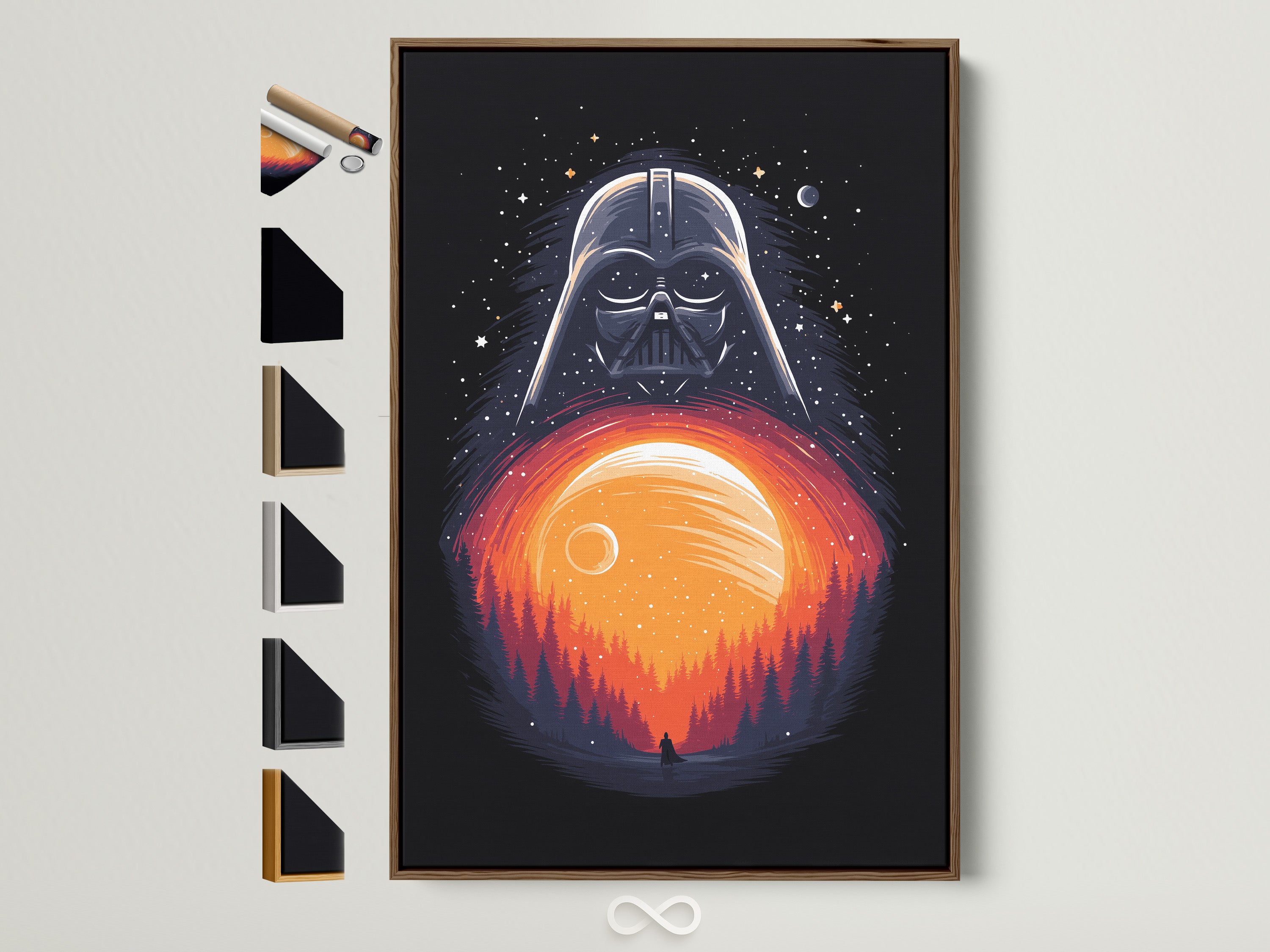 Explore frame options for Darth Vader art. This sci-fi movie wall art features a sunset canvas. It is shown in a brown frame. See available frame styles to enhance your space. Find the perfect fit for your geek wall art.