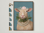 Framed whimsical sheep artwork with a floral crown and pearl necklace. This Country Wall Art is displayed with various frame options. Perfect Farm Animal Print for Nursery Wall Decor. Find the ideal frame to complement your rustic or farmhouse style.