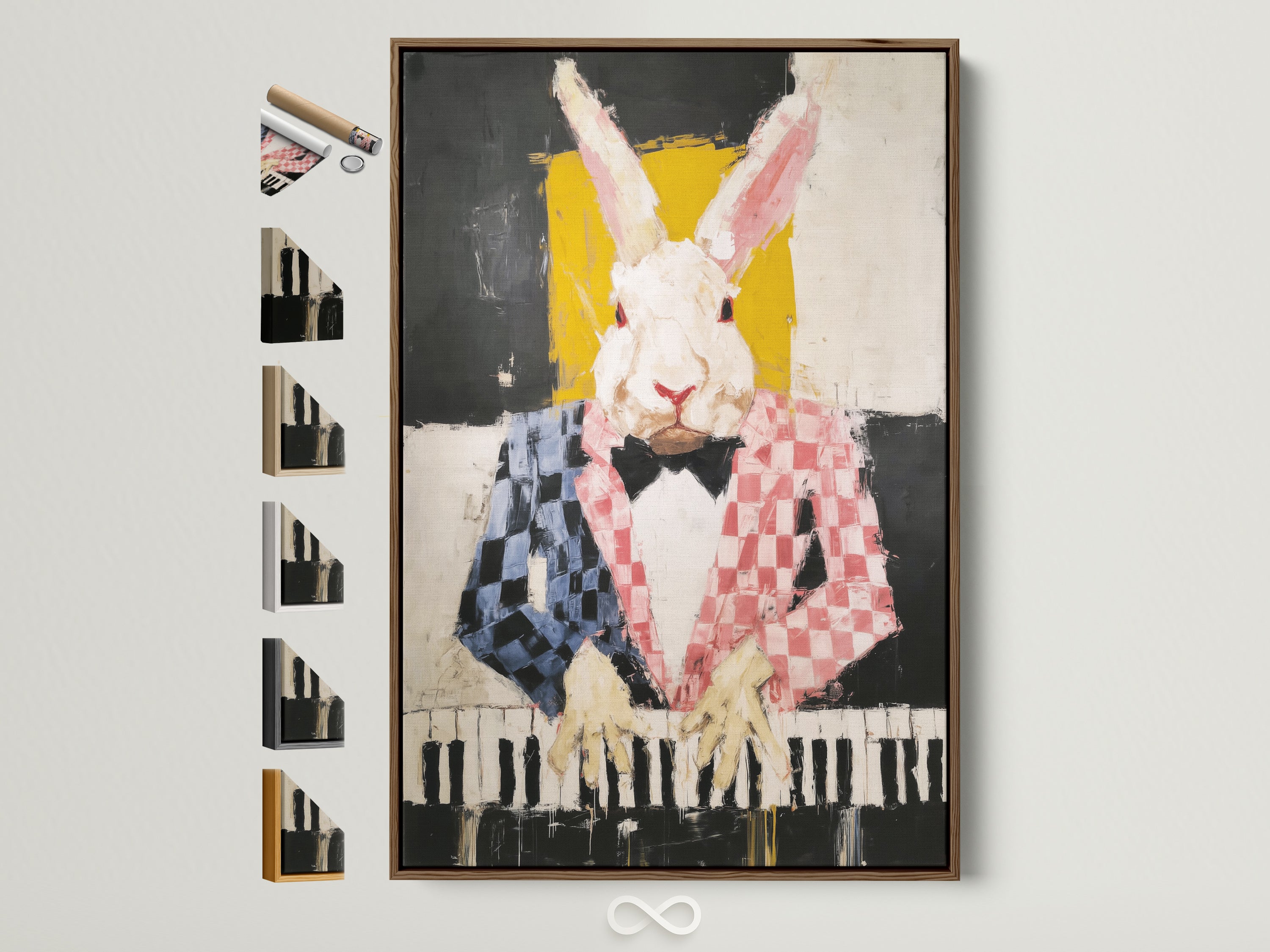A whimsical animal art piece featuring a rabbit pianist is displayed in a brown frame. The artwork adds a touch of abstract music wall art to any room. The frame options are visible showing variety. Perfect for office decor or a music lover's gift. This colorful bunny artwork brings playful charm to contemporary art collections.