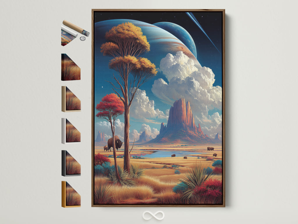 Bison Landscape artwork with a brown frame on a white wall. This Southwestern wall art captures Monument Valley's essence with earthy tones. Discover frame options for canvas prints or fine art posters. Perfect for office decor and nature-inspired spaces.