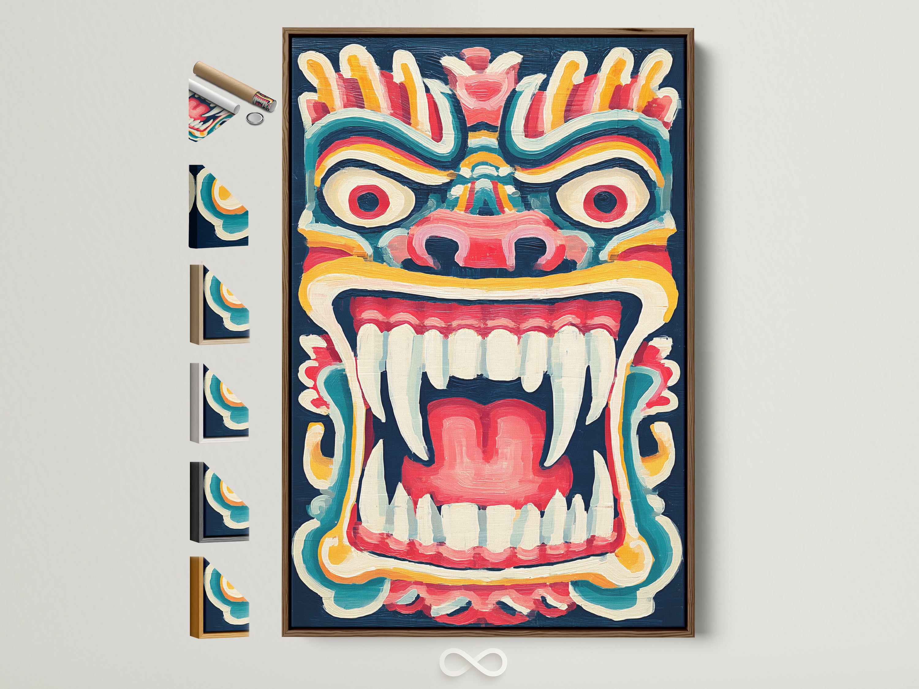 Discover tribal mask canvas art with a brown frame. It's shown with other frame options. Explore colorful folklore wall decor. This graphic artwork print is perfect for an eclectic home. Find the ideal frame to match your unique style.