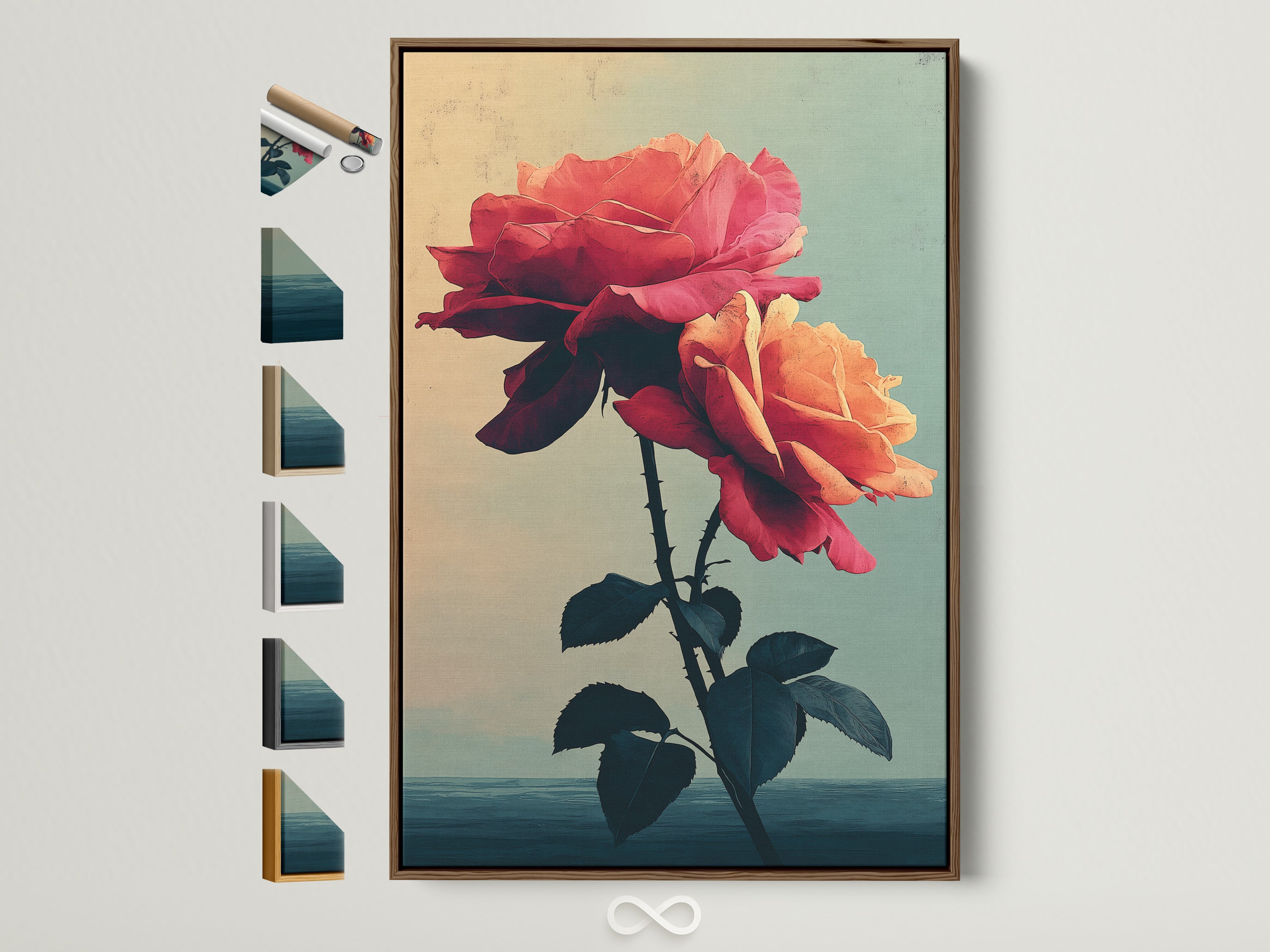 A vintage floral rose artwork with peach and coral hues is displayed. The artwork features a brown frame. See all frame options for botanical flower posters and bedroom wall decor. Perfect for adding a touch of botanical grace and timeless appeal to any room. Ideal for homeowners and flower enthusiasts.