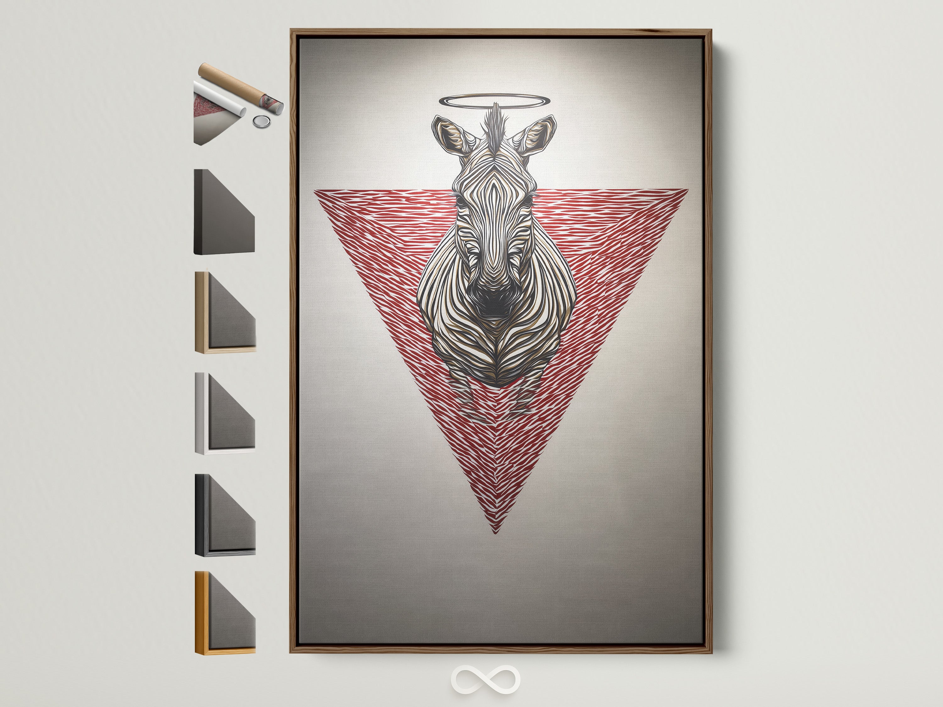 Explore zebra sacred geometry art in a brown frame. See all frame options available. This artwork combines modern animal art with geometric elements. A red triangle canvas print adds a contemporary touch. Perfect for eclectic and modern spaces.