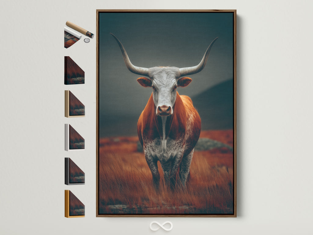 Highland Bull artwork with a brown frame is displayed with all the frame options on the side. This rustic farm animal artwork brings country charm to any space. Perfect for homeowners renters and business owners. It elevates farmhouse and western styles
