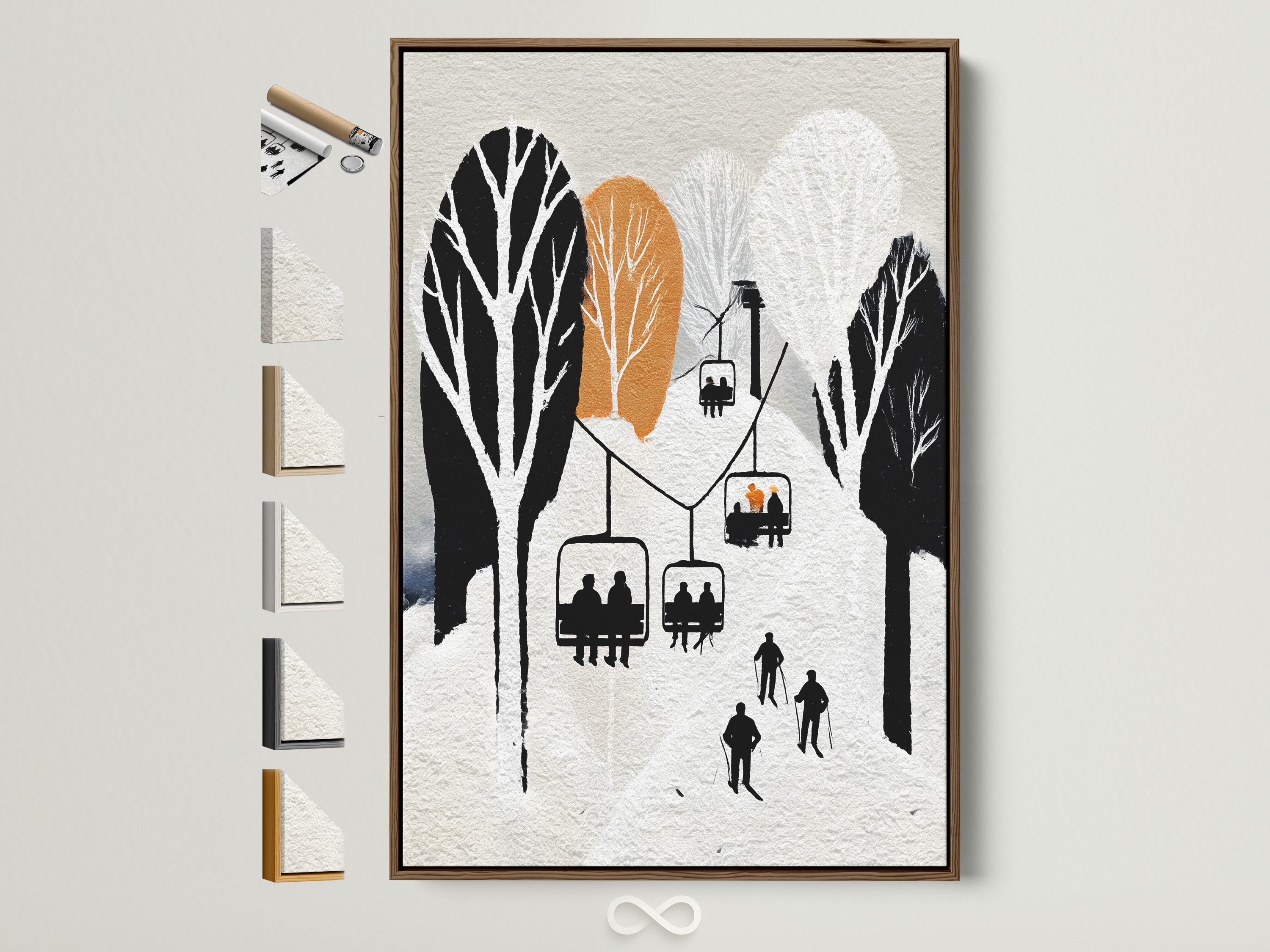 A framed ski lift artwork is showcased with various frame options displayed beside it. This winter mountain wall art brings a vintage ski resort poster aesthetic to cabin decor. The snowy alpine art enhances lodge styles. Perfect minimalist wall art for homeowners renters and interior designers.