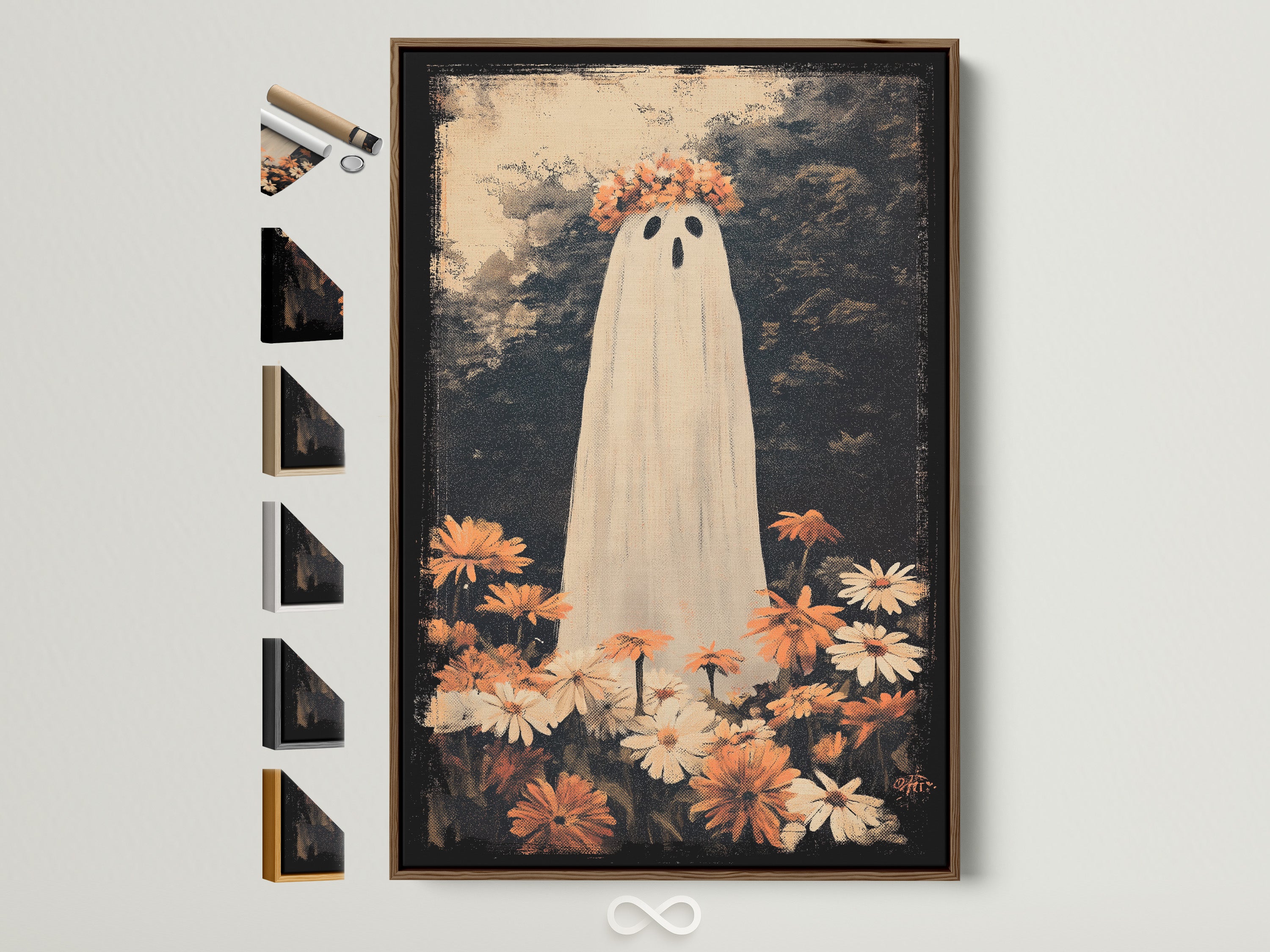 A charming ghost artwork framed in a warm brown wooden frame is displayed. The artwork features a friendly ghost surrounded by flowers. Explore all frame options to find the perfect match for your art. This piece adds a whimsical touch to any room. Discover how framed artwork can enhance your home decor.