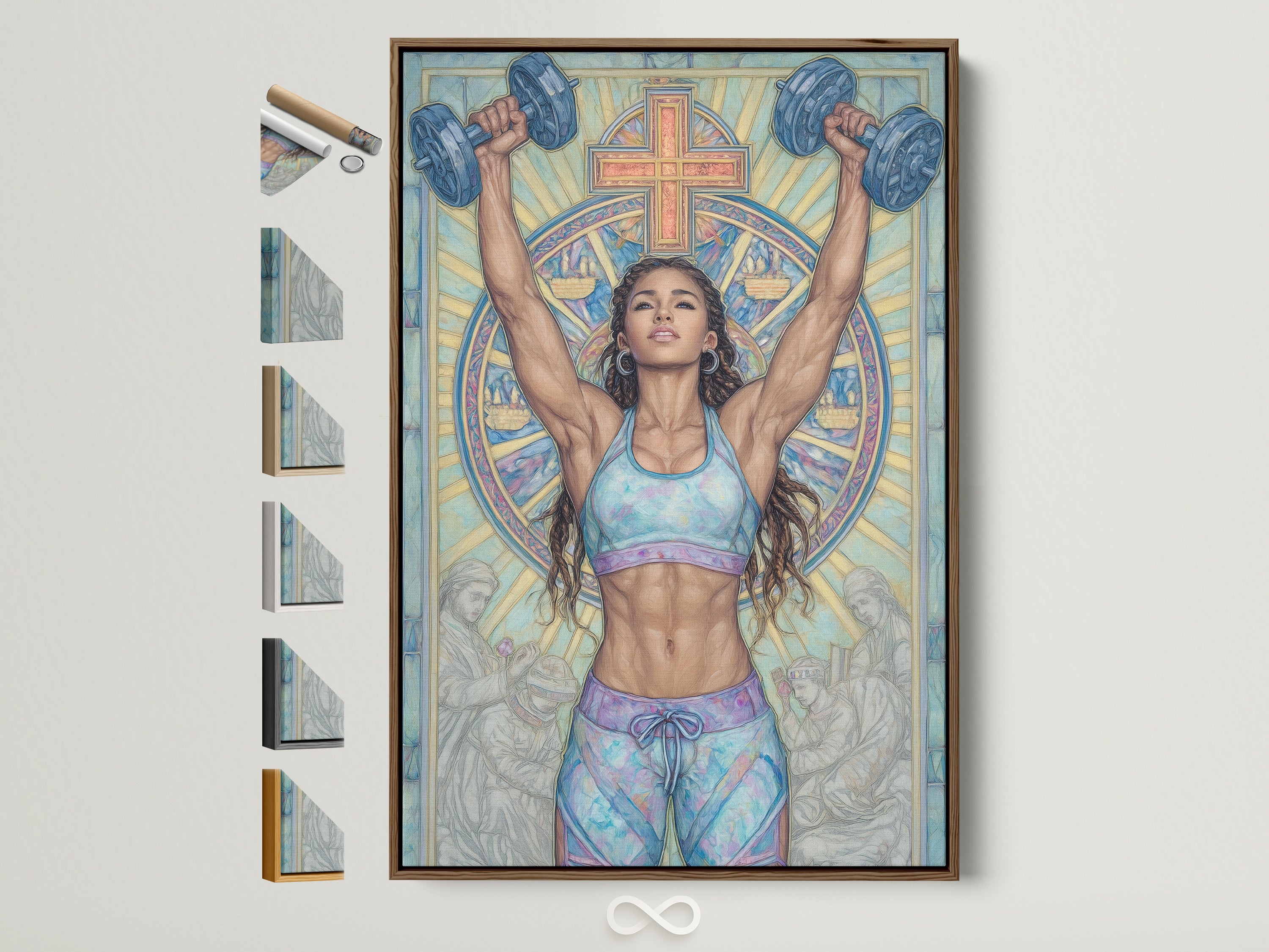 Christian Gym Wall Art in a brown frame. This motivational artwork features a woman lifting weights. A cross and stained glass design are in the background. Perfect spiritual workout canvas for home gym decor. Find faith fitness prints here.
