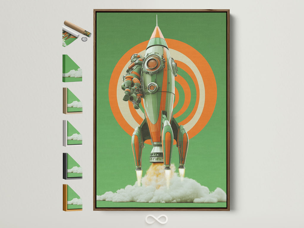 A vibrant artwork of a rocket ship taking off. The art print is displayed in a brown frame. All frame options are visible on the side. This shows the variety of choices available for your art.