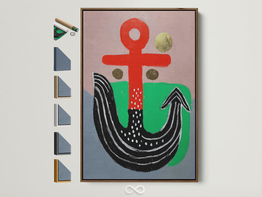 Abstract Anchor Canvas Print with a brown frame. The artwork is a modern nautical wall art piece. Many frame options are displayed on the side. This red and green geometric artwork would be great for office decor.