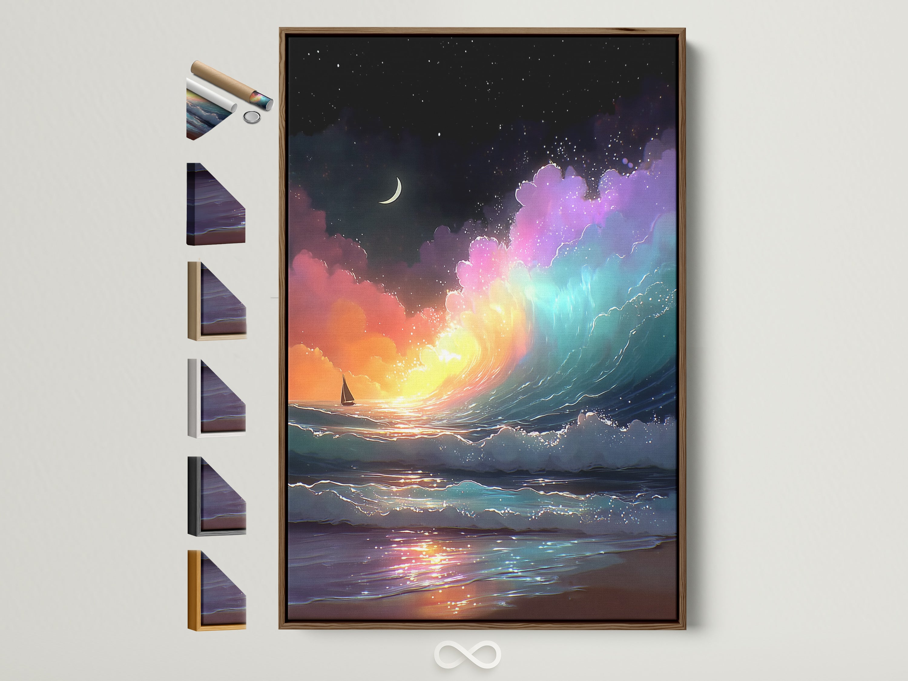 A framed ocean wave artwork hangs on a wall. This artwork features a pastel sky and a nautical sailboat. The frame is brown. Various frame options are displayed on the side. Perfect coastal artwork for bedroom wall decor.