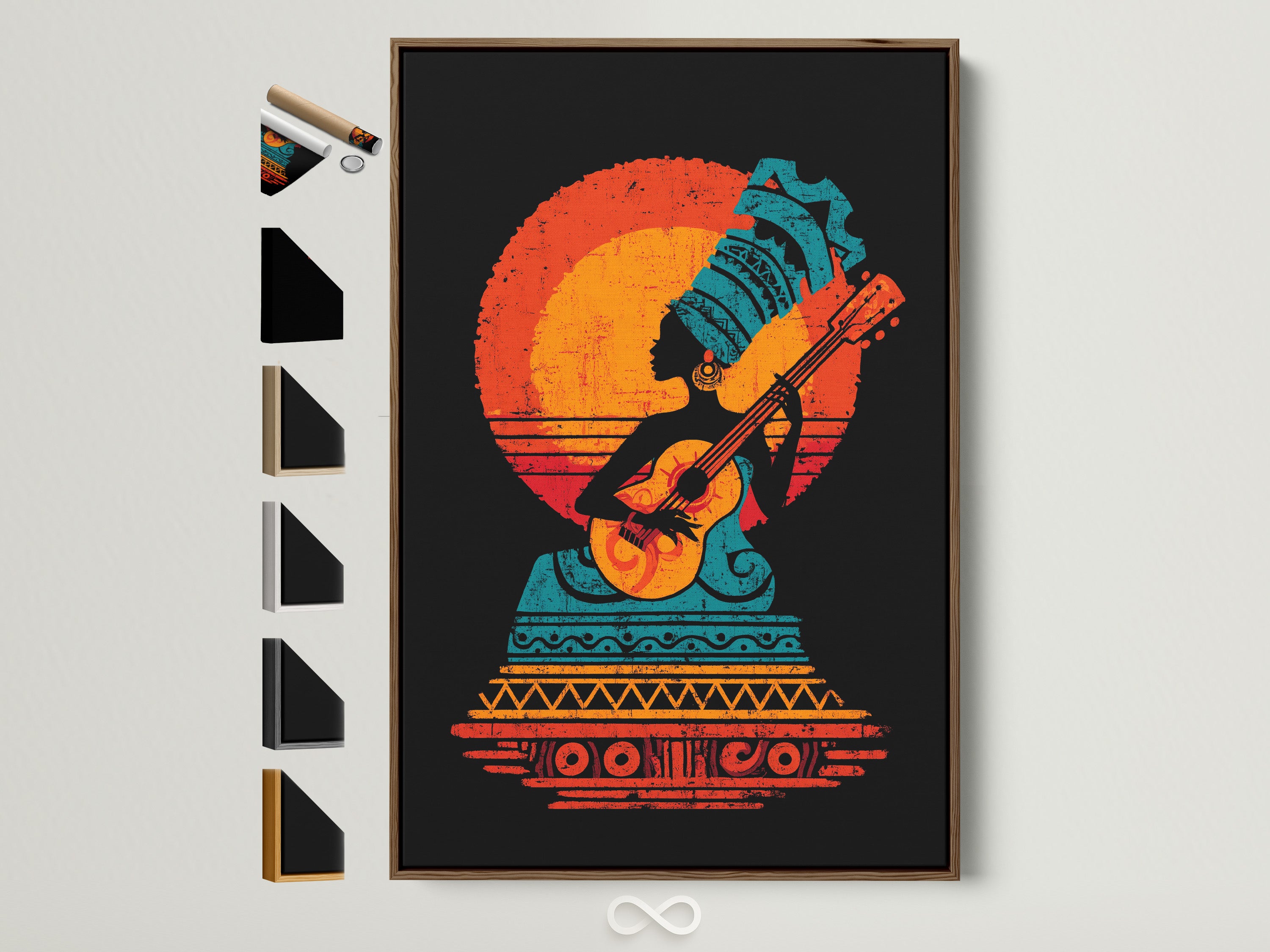 Azteekse gitaarspeler kunstprint - vintage zonsondergang muziekposter, Boheemse wandkunst, akoestische gitaardecoratie, tribale muzikant