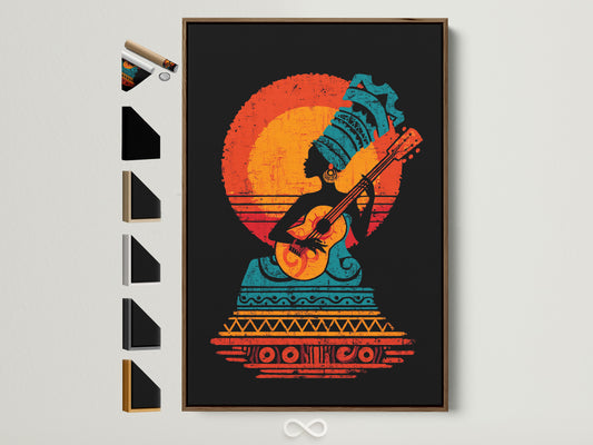 Aztec Guitar Player Art Print - Vintage Sunset Music Poster, Bohemian Wall Art, Acoustic Guitar Decor, Tribal Musician