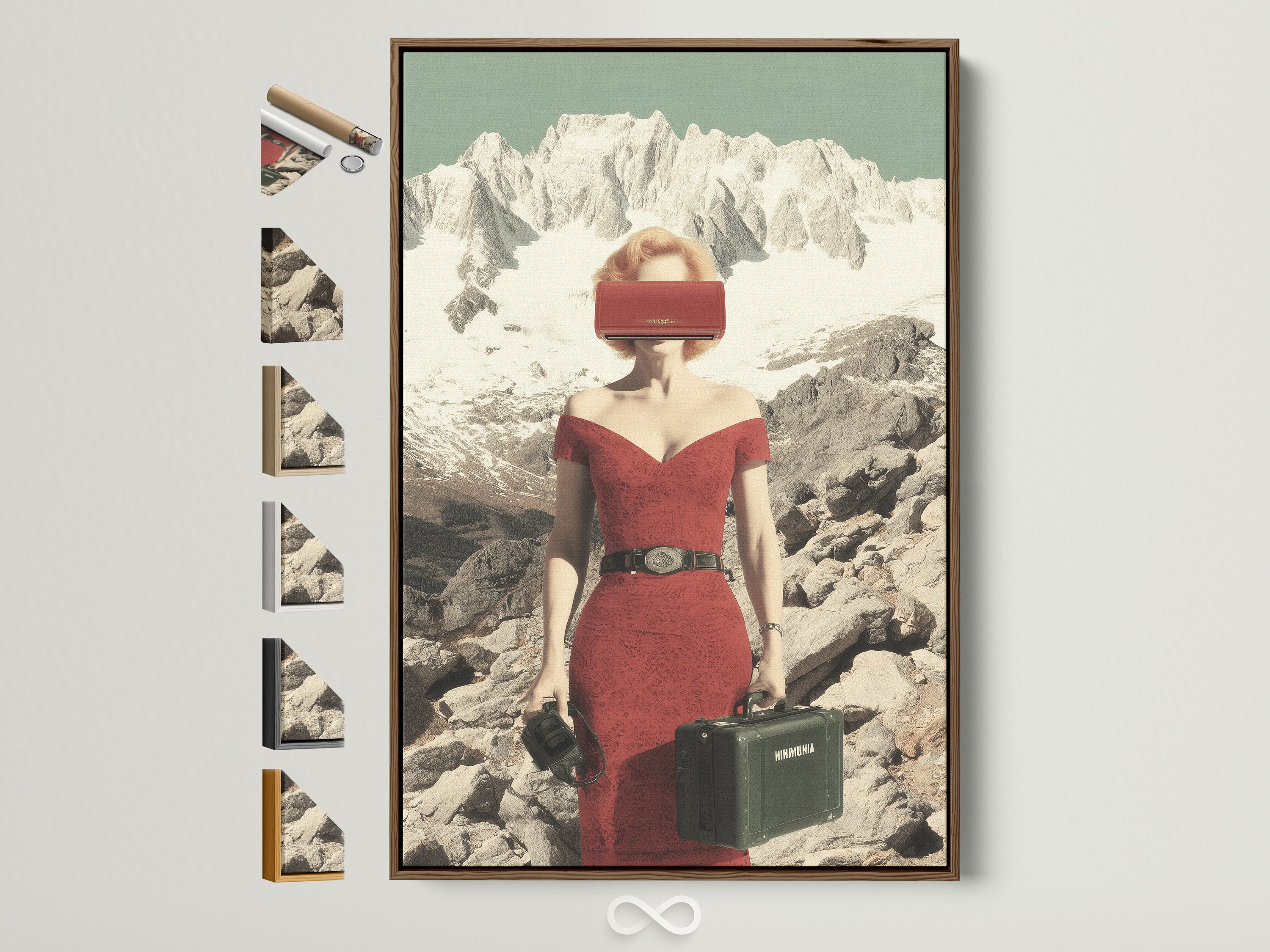 Vintage Travel Poster Print with a surreal mountain backdrop. A retro fashion woman canvas art piece is displayed in a brown frame. Explore frame color options to match your decor. Perfect for adding art deco style to modern bedroom decor. This retro artwork enhances any space.