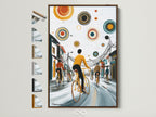 City Cyclists artwork in a brown frame is displayed. The artwork shows cyclists on a city street. Colorful circles float above them. Frame options are visible on the side. Perfect urban landscape wall art.