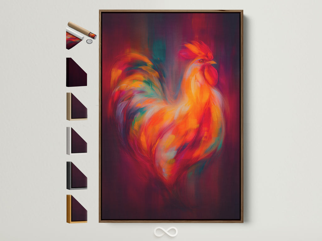 Vibrant rooster artwork in a brown frame. This colorful farm animal wall art is perfect for kitchen and dining room decor. The artwork is displayed with available frame options.