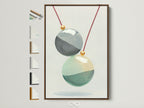 Geometric Spheres artwork in a brown frame. All frame options are displayed on the side. Perfect Modern Wall Art for minimalist Scandinavian and contemporary styles. Teal and gold accents add a touch of elegance.  Enhance your Living Room Bedroom or Office Wall Art.