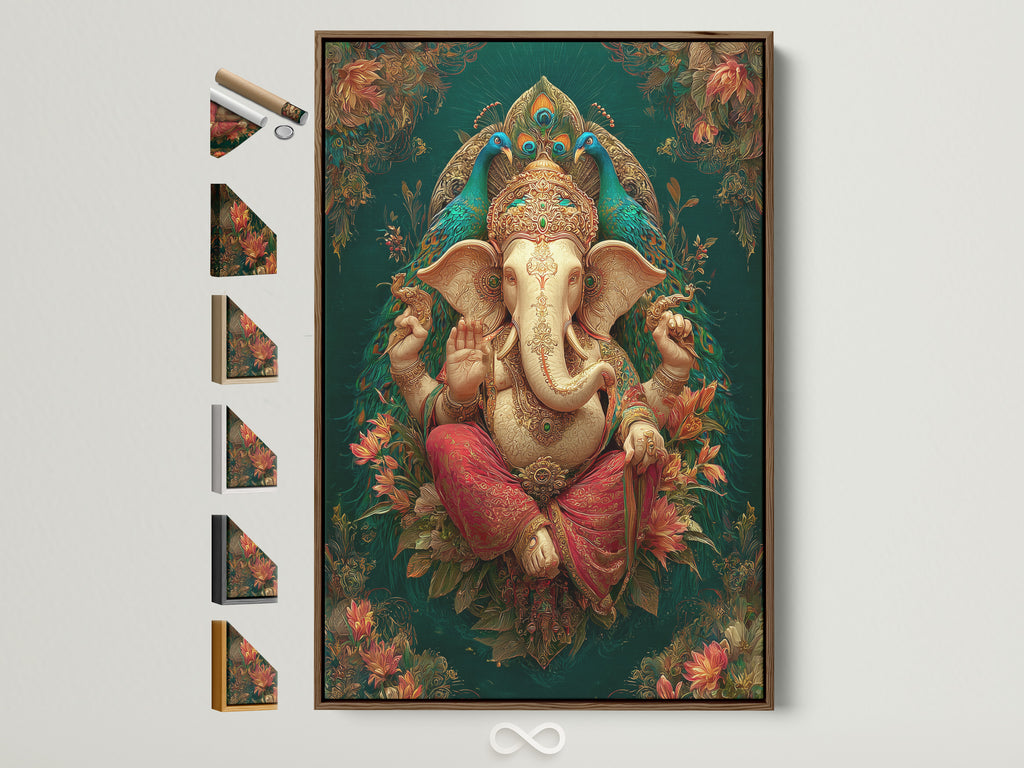 Ganesha Wall Art with a brown frame. The art features a teal and gold Hindu canvas print. It is a spiritual elephant god artwork. This piece is ideal for meditation room decor. All frame options are displayed on the side.