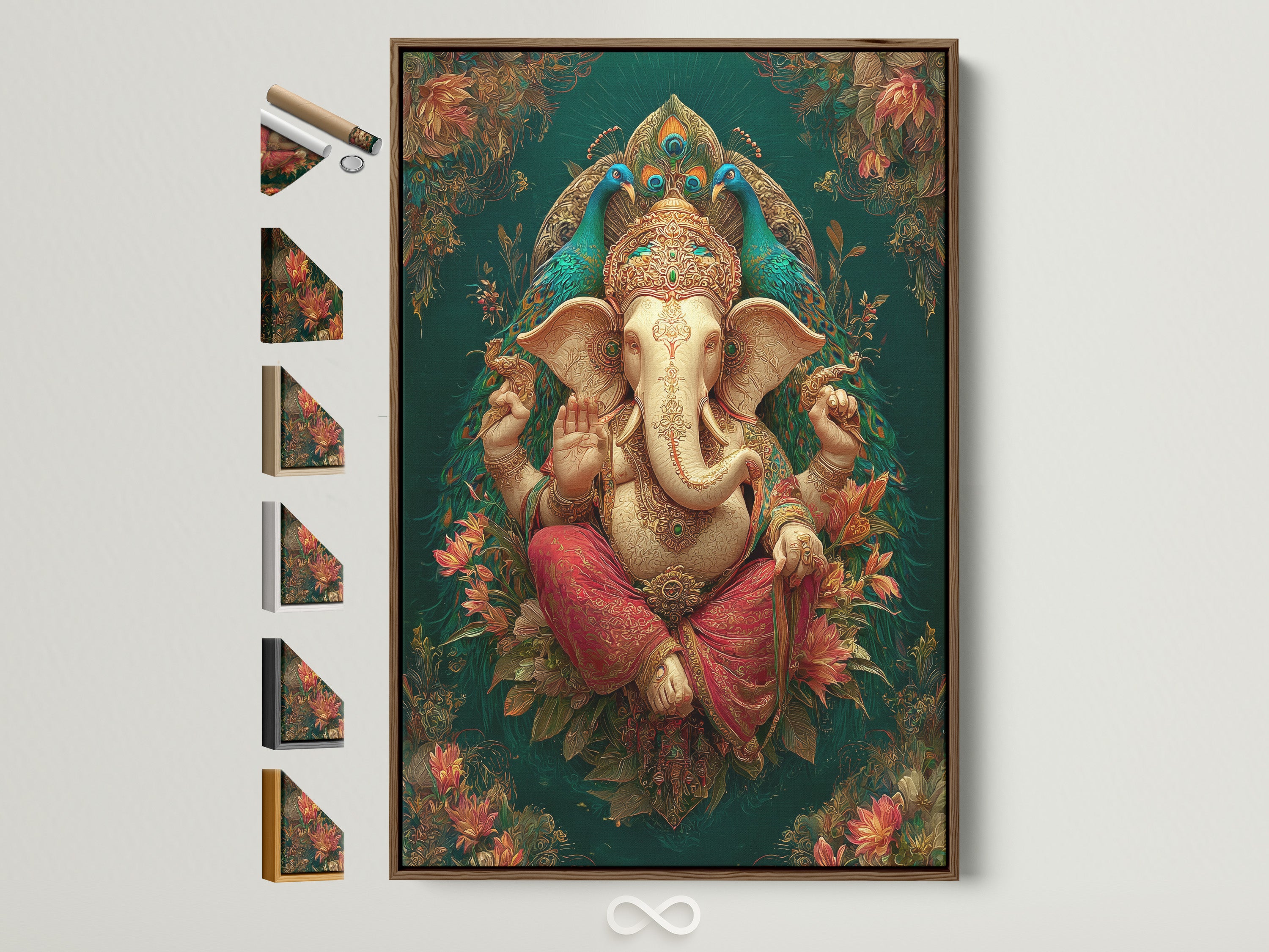 Ganesha Wall Art with a brown frame. The art features a teal and gold Hindu canvas print. It is a spiritual elephant god artwork. This piece is ideal for meditation room decor. All frame options are displayed on the side.