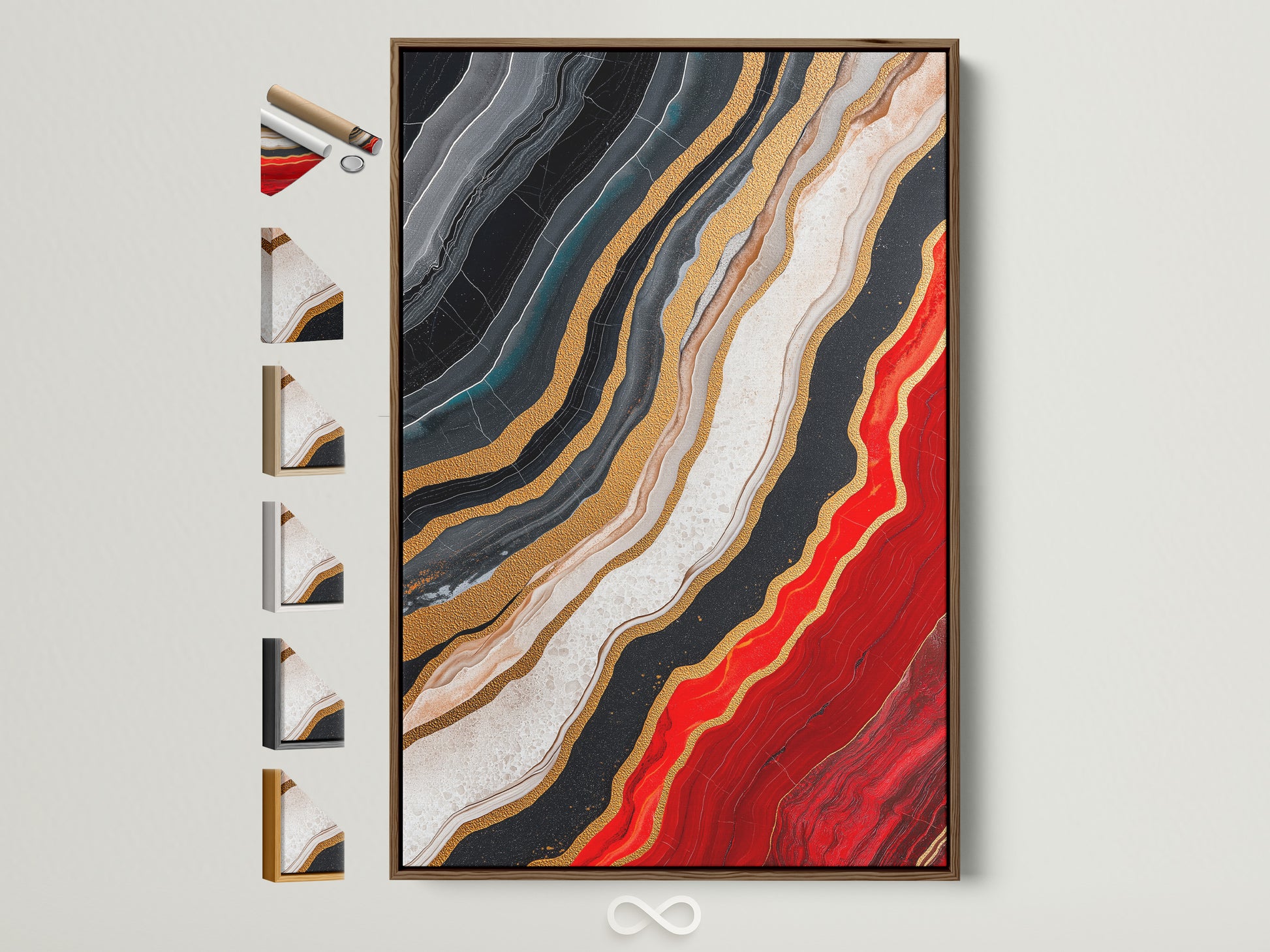 A captivating piece of abstract artwork is displayed in a brown frame. The artwork features a mesmerizing blend of black white and red hues. Golden accents add a touch of luxury. This framed artwork is complemented by various frame options showcased on the side. Elevate your space with this striking piece of art.