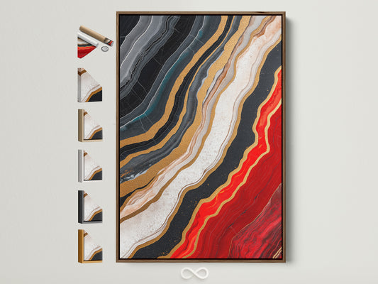A captivating piece of abstract artwork is displayed in a brown frame. The artwork features a mesmerizing blend of black white and red hues. Golden accents add a touch of luxury. This framed artwork is complemented by various frame options showcased on the side. Elevate your space with this striking piece of art.