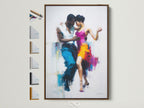 A captivating artwork of a dancing couple graces a wall. It is framed in a warm brown tone. Notice how the frame enhances the art. Options for frames are displayed. The art is a celebration of movement. It captures the passion of dance. This art piece is sure to add elegance to any space.