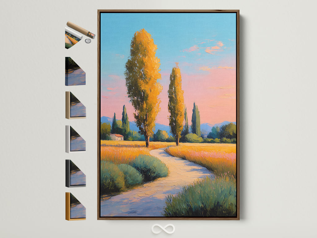 Tuscany Landscape artwork in a brown frame. This golden poplar trees wall art adds a touch of country charm. The country path painting is perfect for bedroom wall decor. All frame options are displayed showcasing versatility.