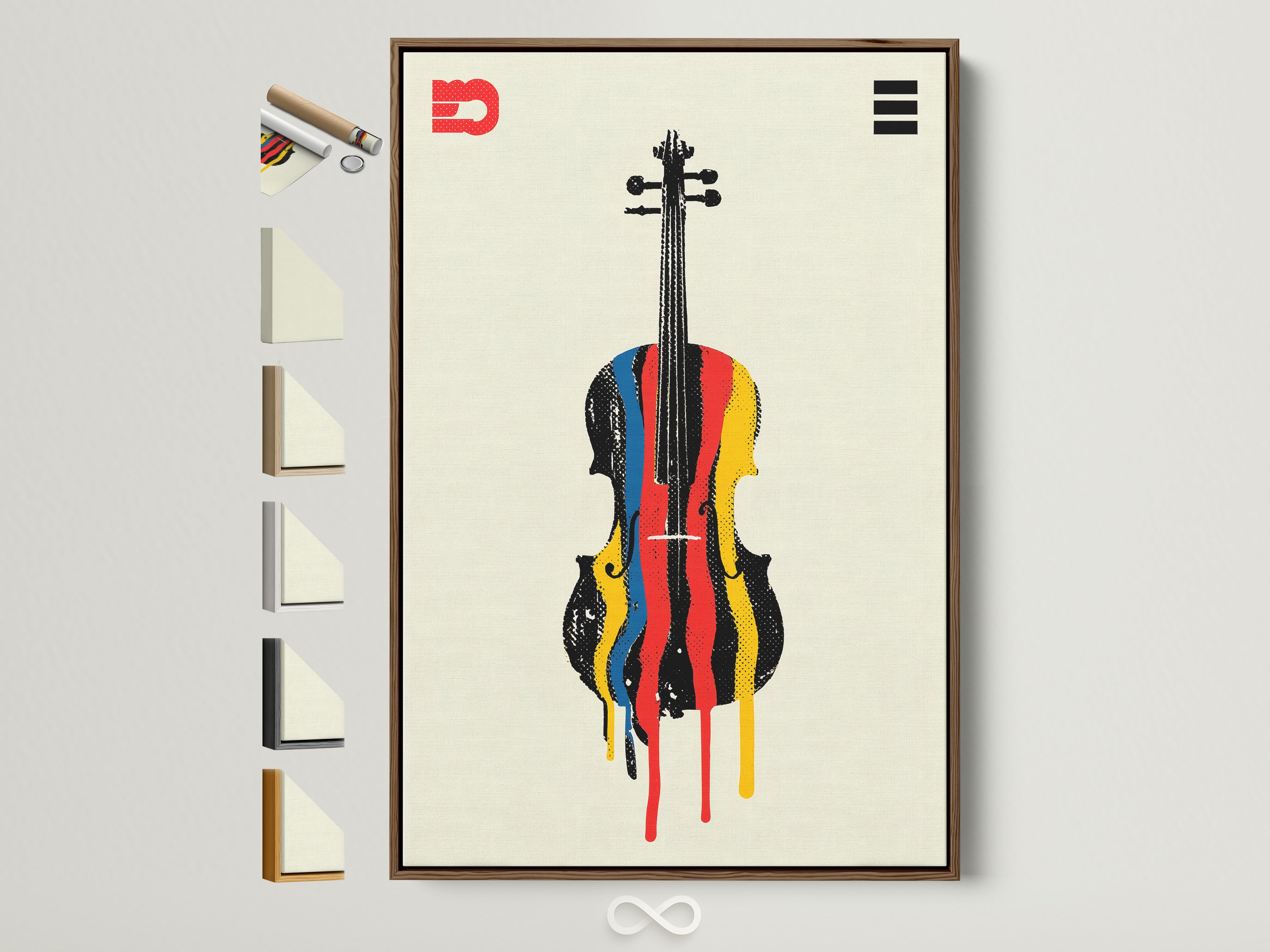 A modern abstract violin art print. It features a colorful orchestra artwork for a music room. The artwork is displayed in a brown frame. Various frame options are visible on the side. This is the perfect musical instrument wall art to decorate your home