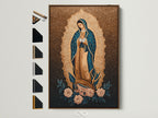The Virgin Mary art is displayed in a brown frame. This showcases all frame options available. The Our Lady of Guadalupe print adds a spiritual touch. Catholic home decor is elevated with this sacred artwork. This religious wall art brings peace to any space.