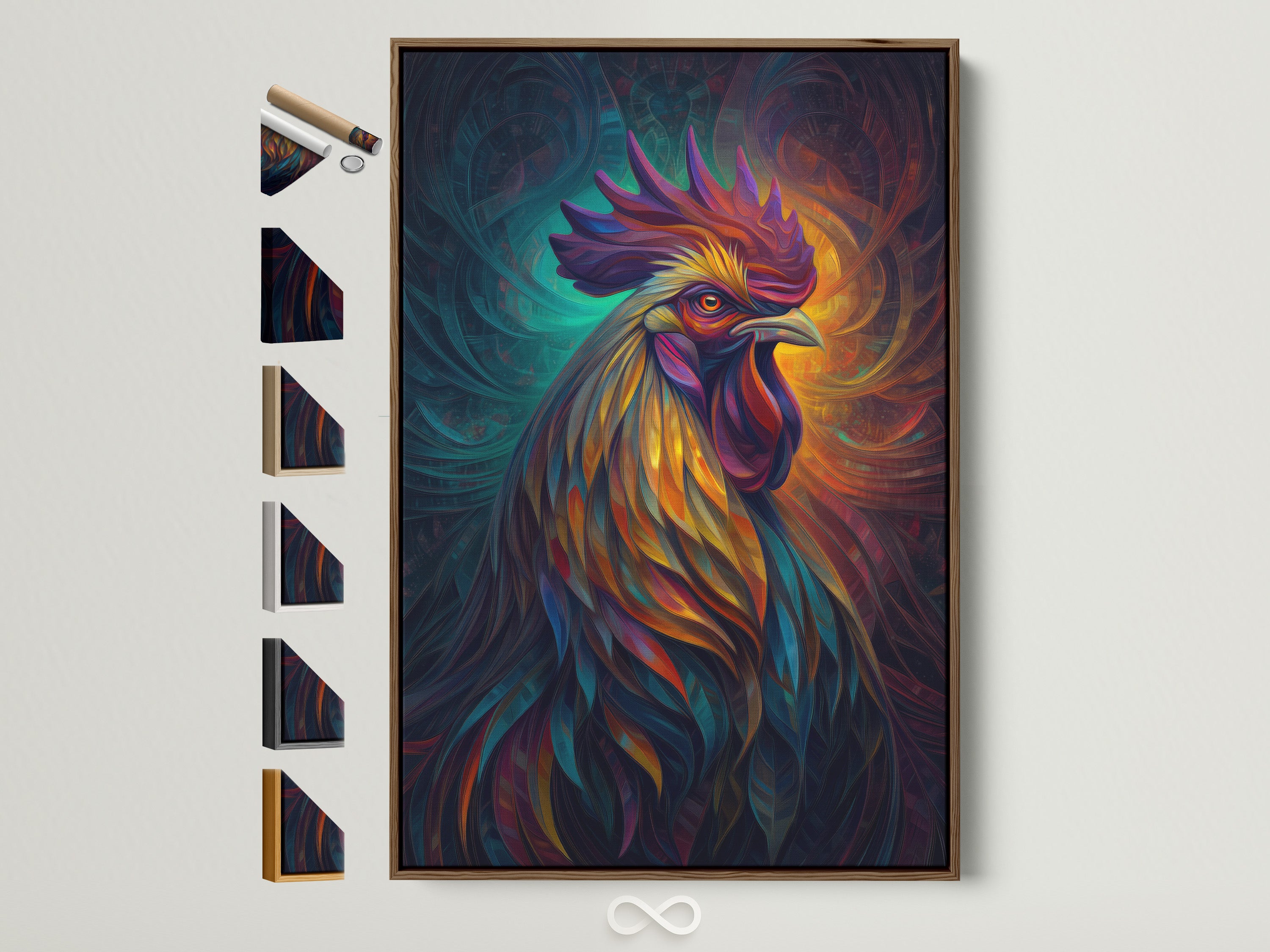 Rooster art print with a brown frame. The artwork features a vibrant and colorful rooster. All frame options are displayed on the side. It is a psychedelic farm animal poster perfect for kitchen decor.