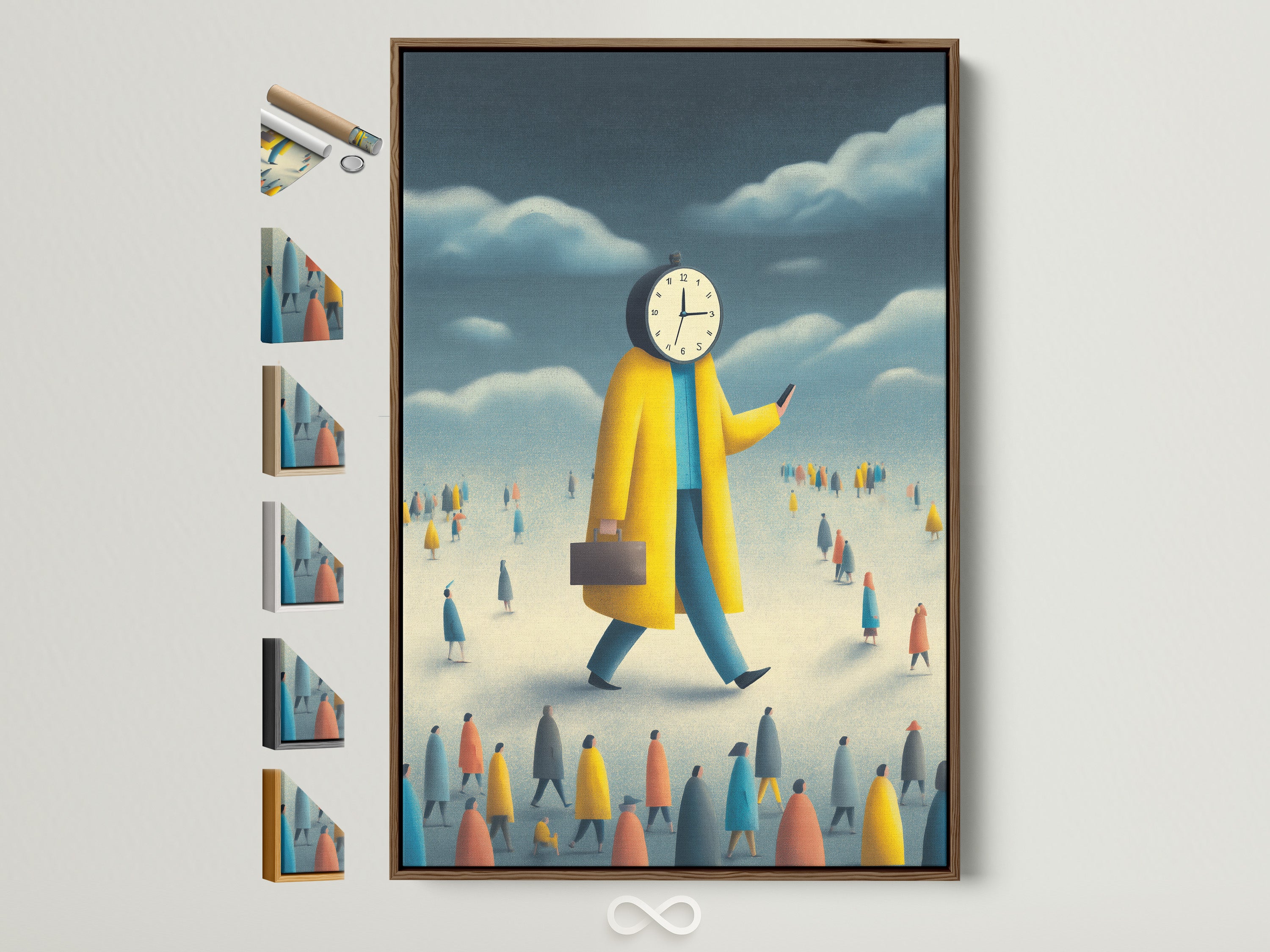 A framed artwork is displayed with various frame options beside it. The brown frame surrounds an intriguing art piece. Explore different frame styles for your artwork. Find the perfect frame to complement your style.