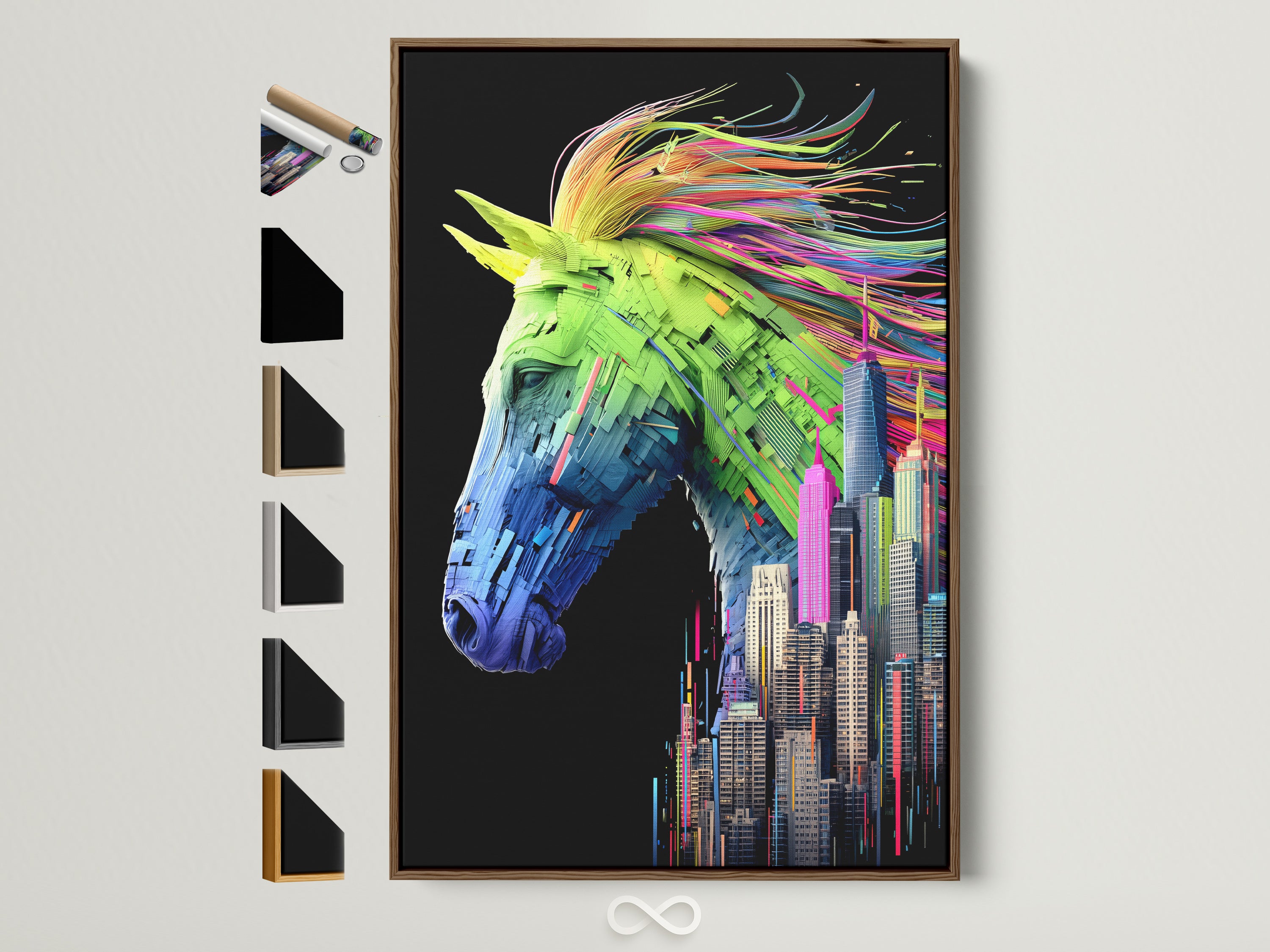 Explore frame options for your artwork. This brown frame displays a colorful horse cityscape print. Additional frame styles are showcased beside it. Discover the perfect frame to complement your modern wall art.