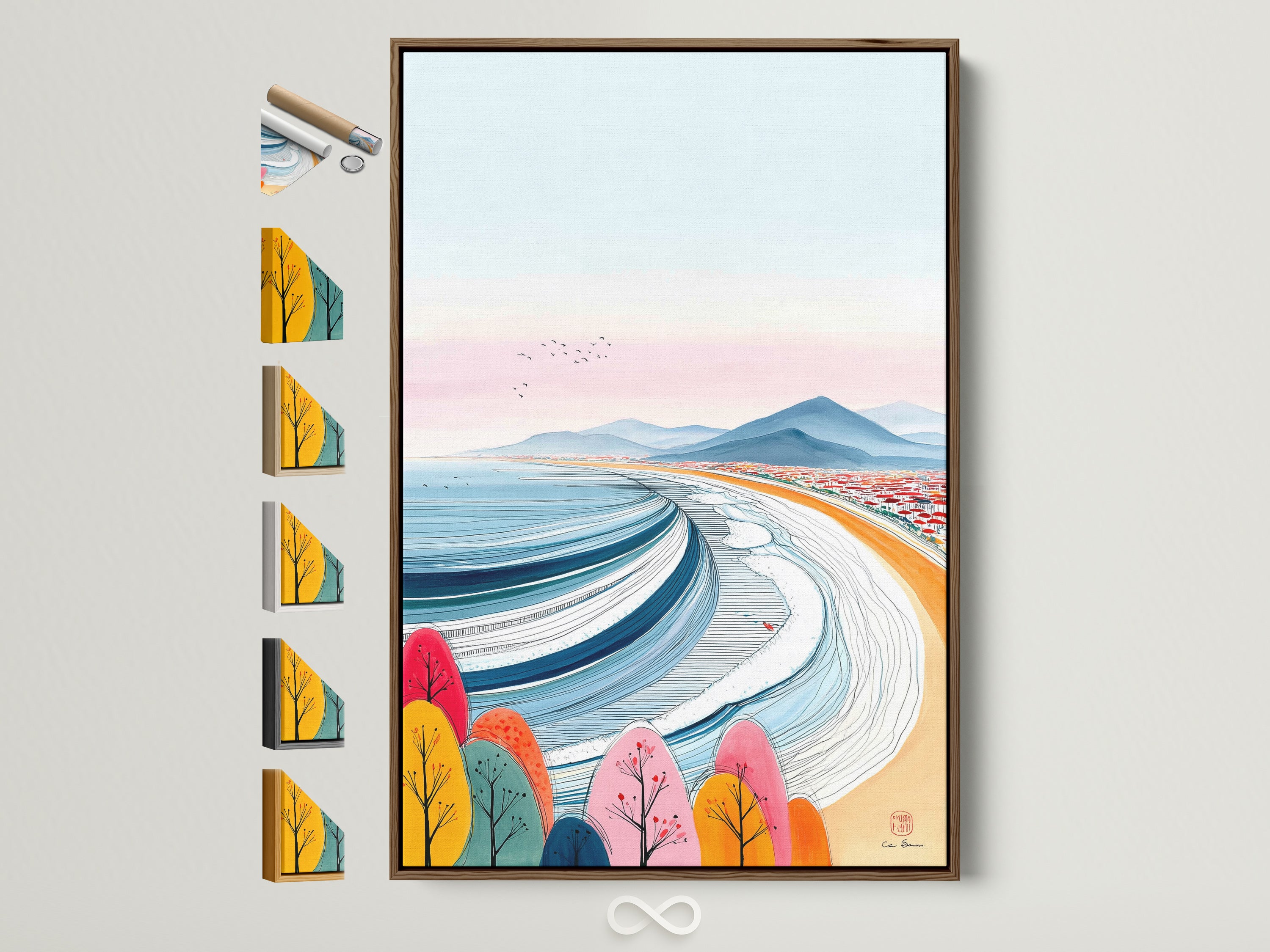 Coastal beach artwork with a brown frame. Explore framed art prints. See all frame options available. The artwork features colorful trees a serene seascape and modern art elements. Perfect hallway wall art.