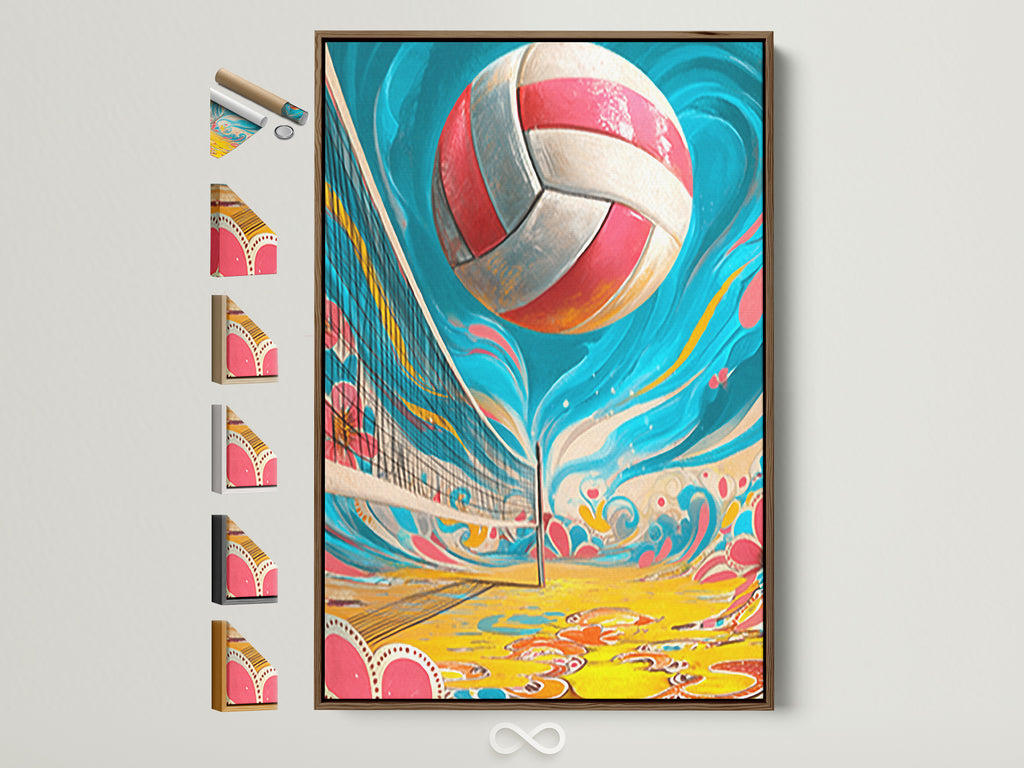 Volleyball canvas print with a brown frame. All frame options are displayed on the side. This beach sport wall art adds a fun game artwork for teen room decor.  It brings a summer vibe to any space. The pink and blue art is vibrant and modern.