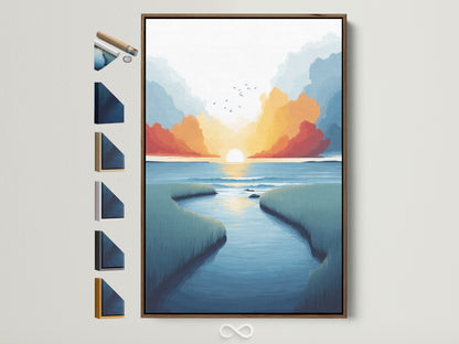 Coastal marsh canvas print with a brown frame. Sunset seascape wall art is displayed with frame options on the side. The art brings modern teal and coral tones to any room. Perfect home decor art for homeowners and business owners.