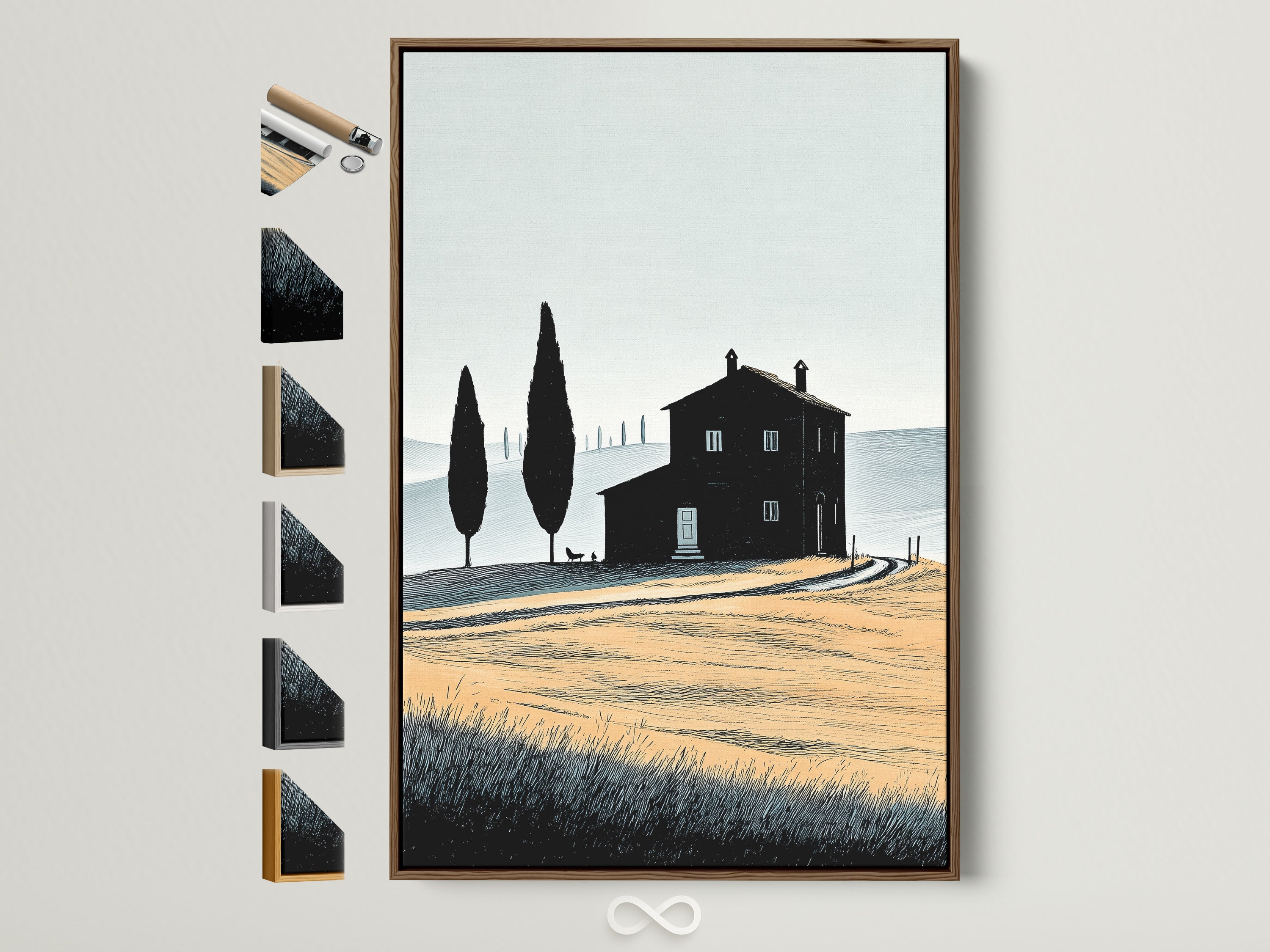 Tuscan Farmhouse artwork with a brown frame. See all available frame options. This Italian countryside wall decor brings vintage rural charm to your home. Perfect farmhouse art for a cozy atmosphere.