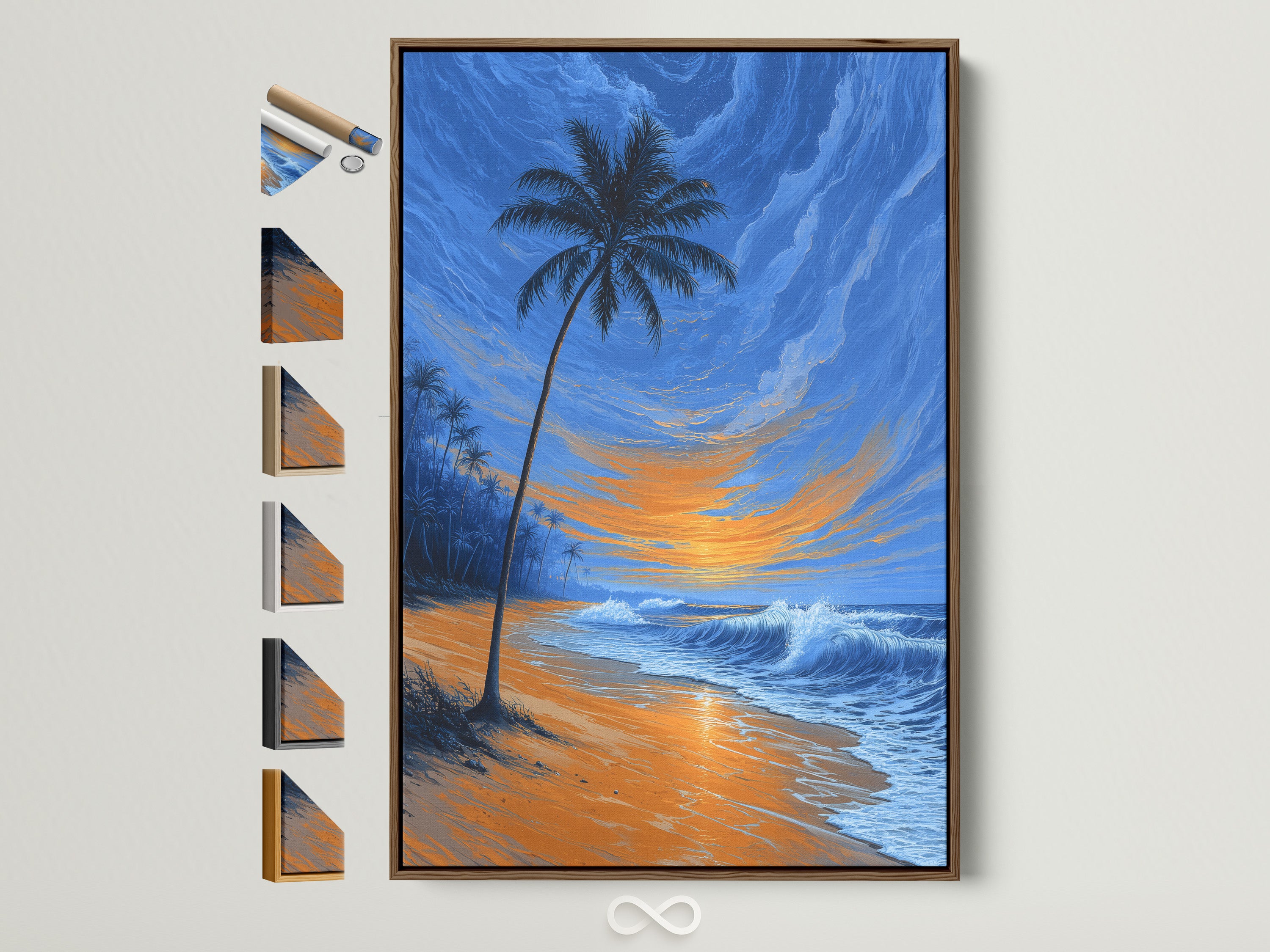 Tropical beach art featuring a palm tree at sunset. The artwork is framed in a brown frame. This coastal wall decor captures ocean waves. Find frame options to match your style. Perfect for a beach house or contemporary home adding a touch of tropical beauty.