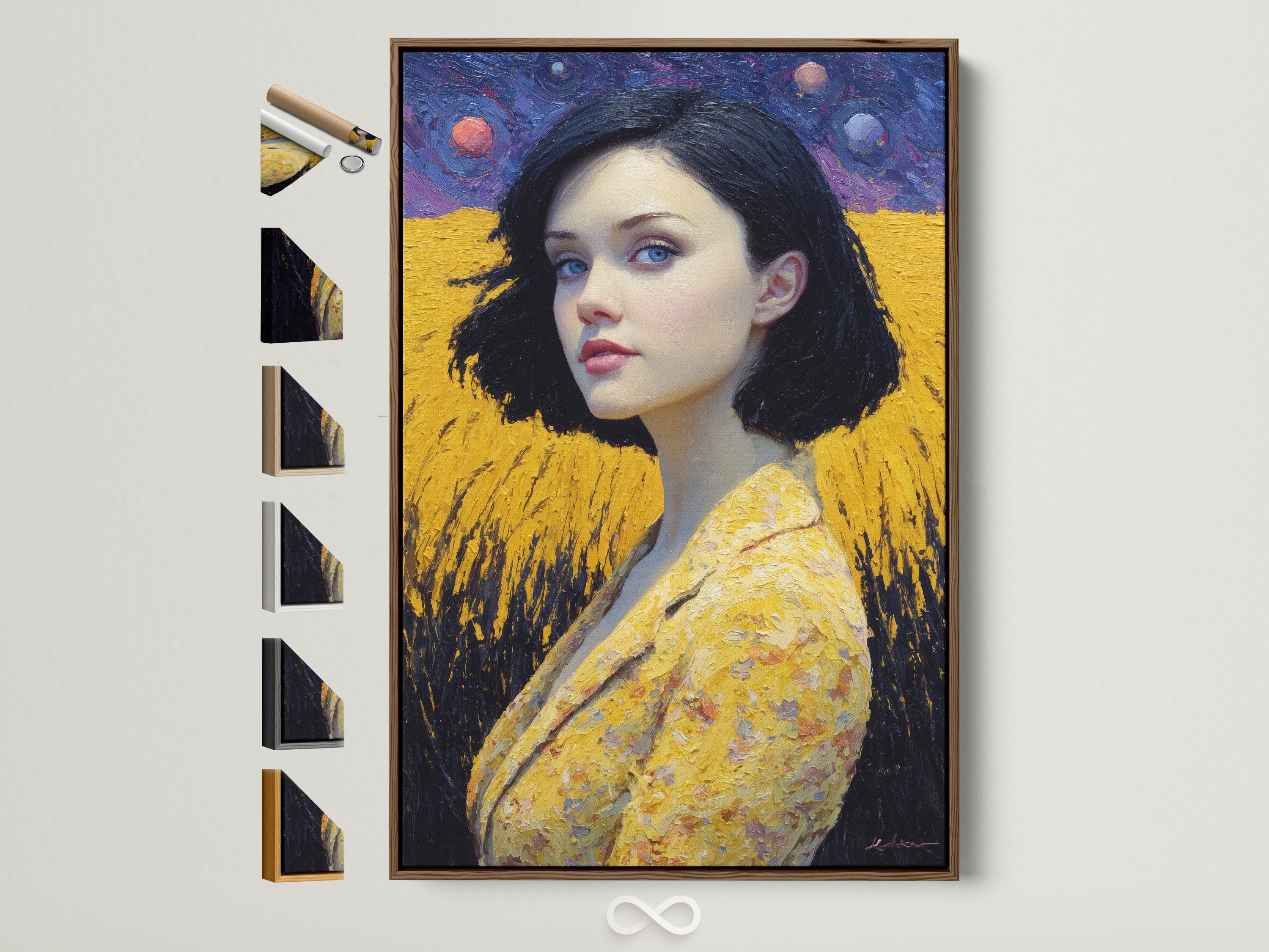 A golden yellow contemporary wall art piece featuring angel wings and a modern female figure. This portrait art is displayed in a brown frame with various frame options showcased. It is ideal for adding a touch of celestial decor to bedroom walls. The artwork will elevate modern eclectic or minimalist styles.
