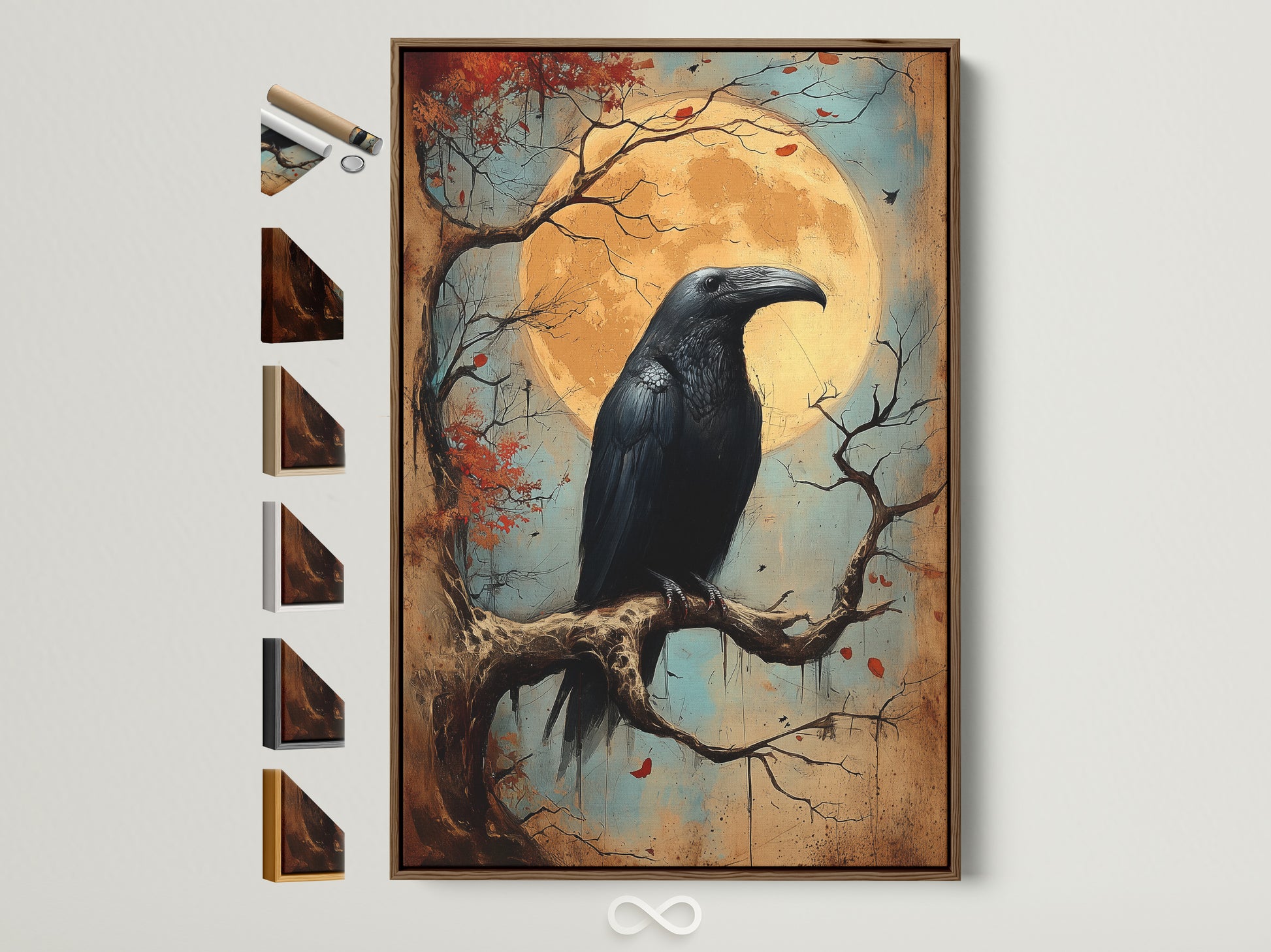 Raven artwork in a brown frame. The artwork features a black raven perched on a branch. A full orange moon is in the background. Explore frame options to match your gothic decor or study room art. Perfect for Halloween art and autumn wall art.