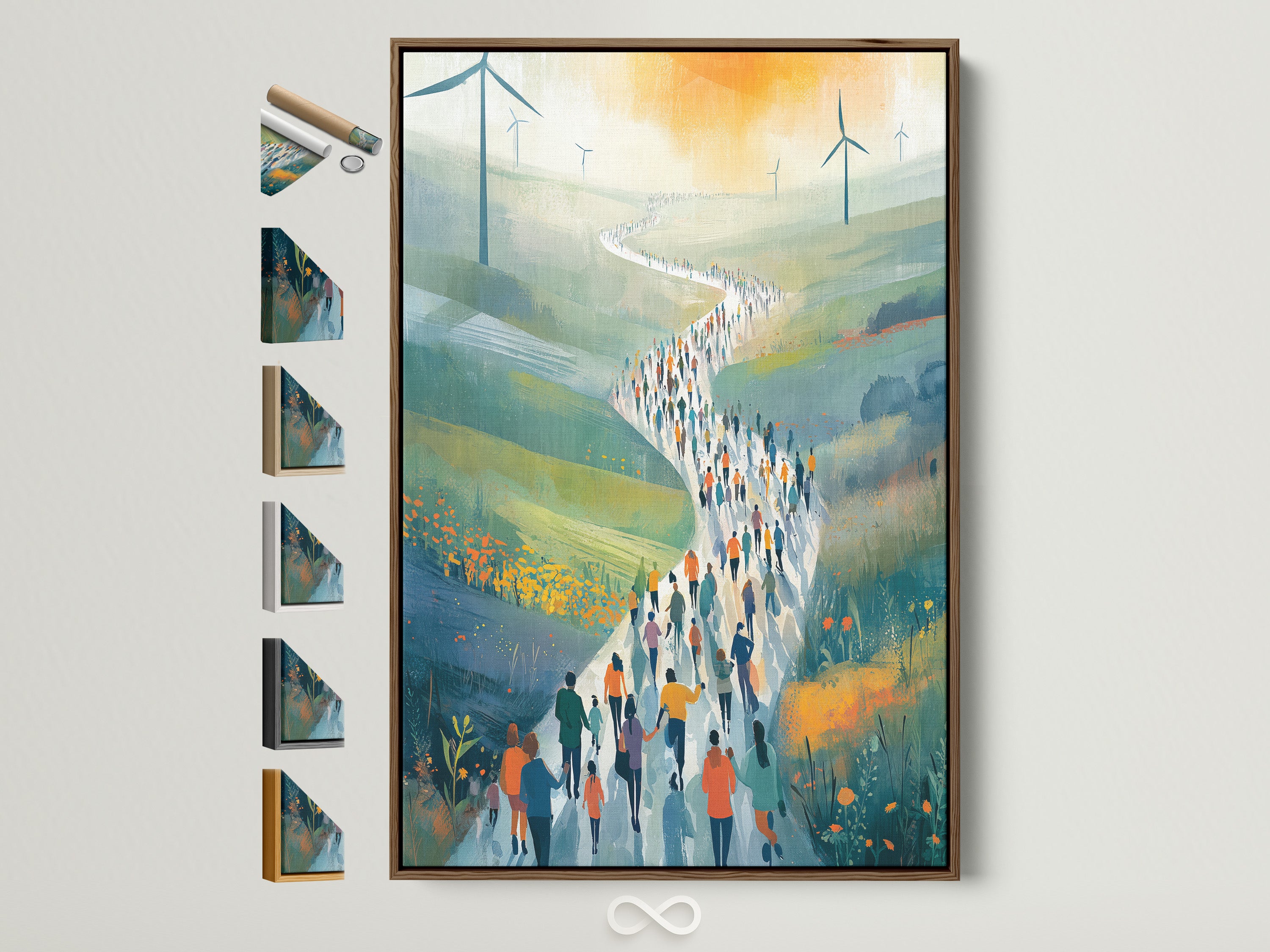 Wind Farm Migration Art - Modern Landscape Print, People Walking Path Through Rolling Hills, Green Energy Wall Art, Contemporary