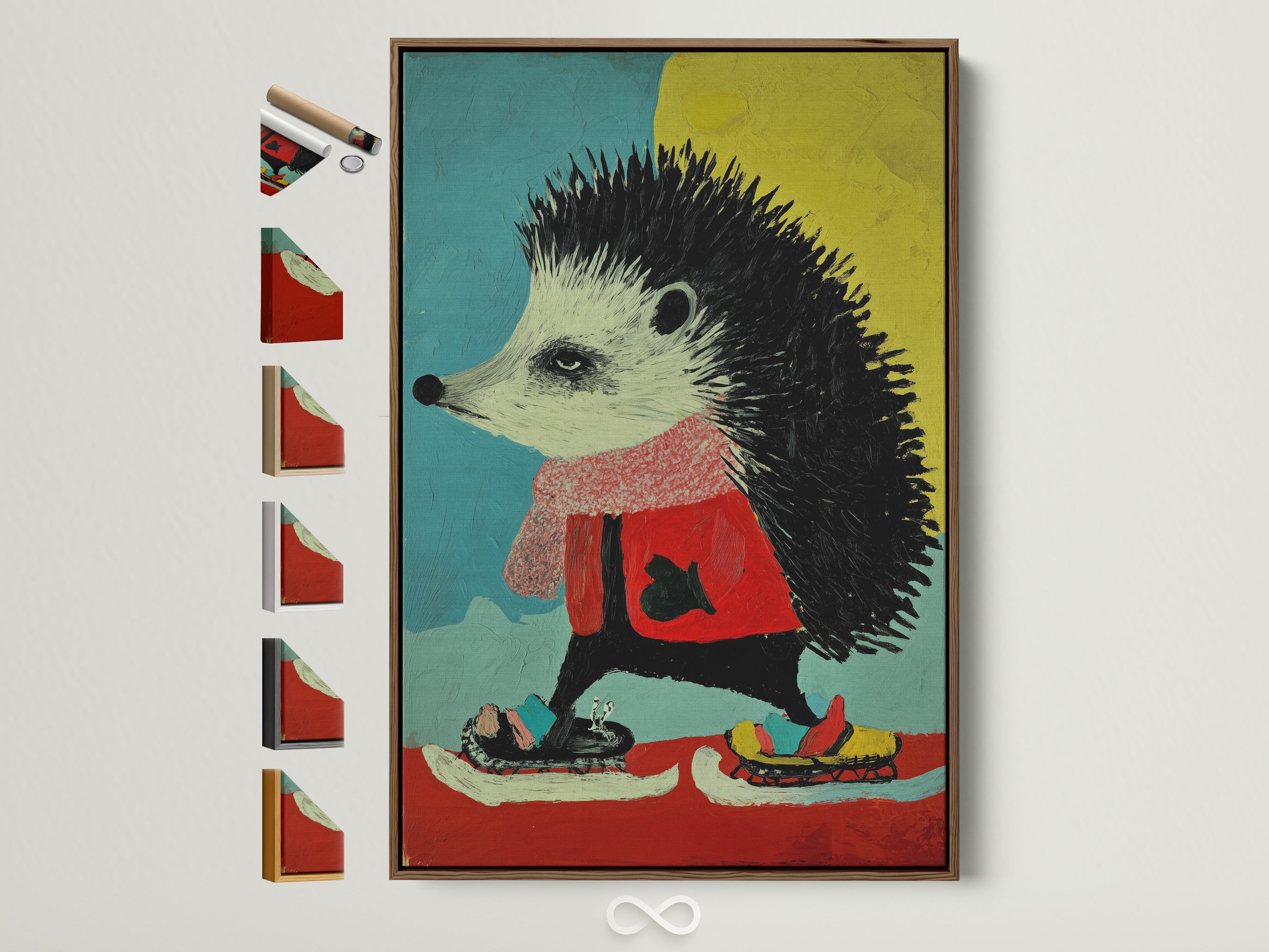 Hedgehog art print displayed in a brown frame. See all frame options for this whimsical animal canvas wall art. Colorful children's nursery decor to brighten any playroom wall.  Perfect for parents or teachers looking for cartoon-inspired artwork.